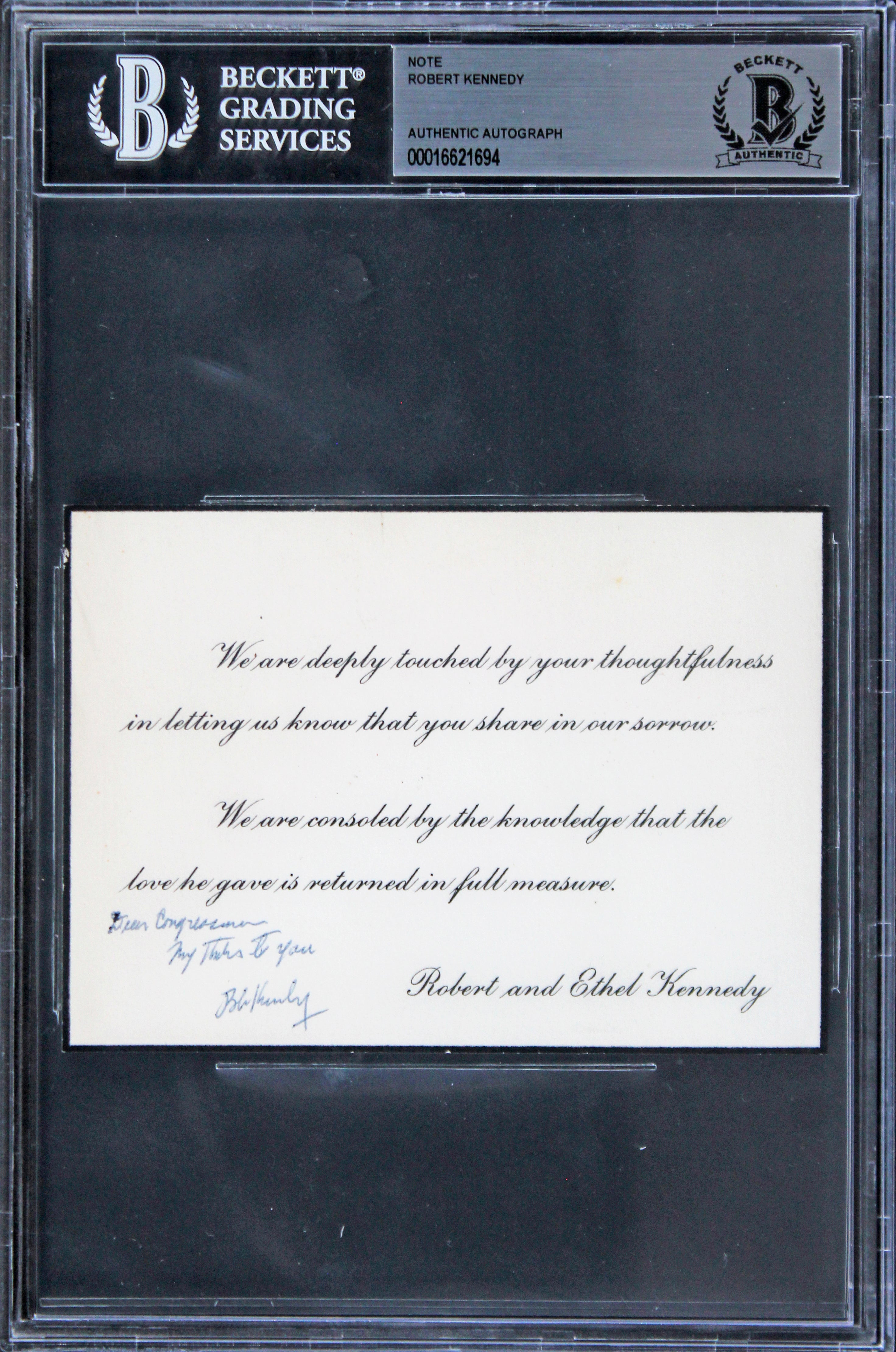 Robert F. Kennedy 'My Thanks To You" Authentic Signed 3.65x5.15 Note BAS Slabbed