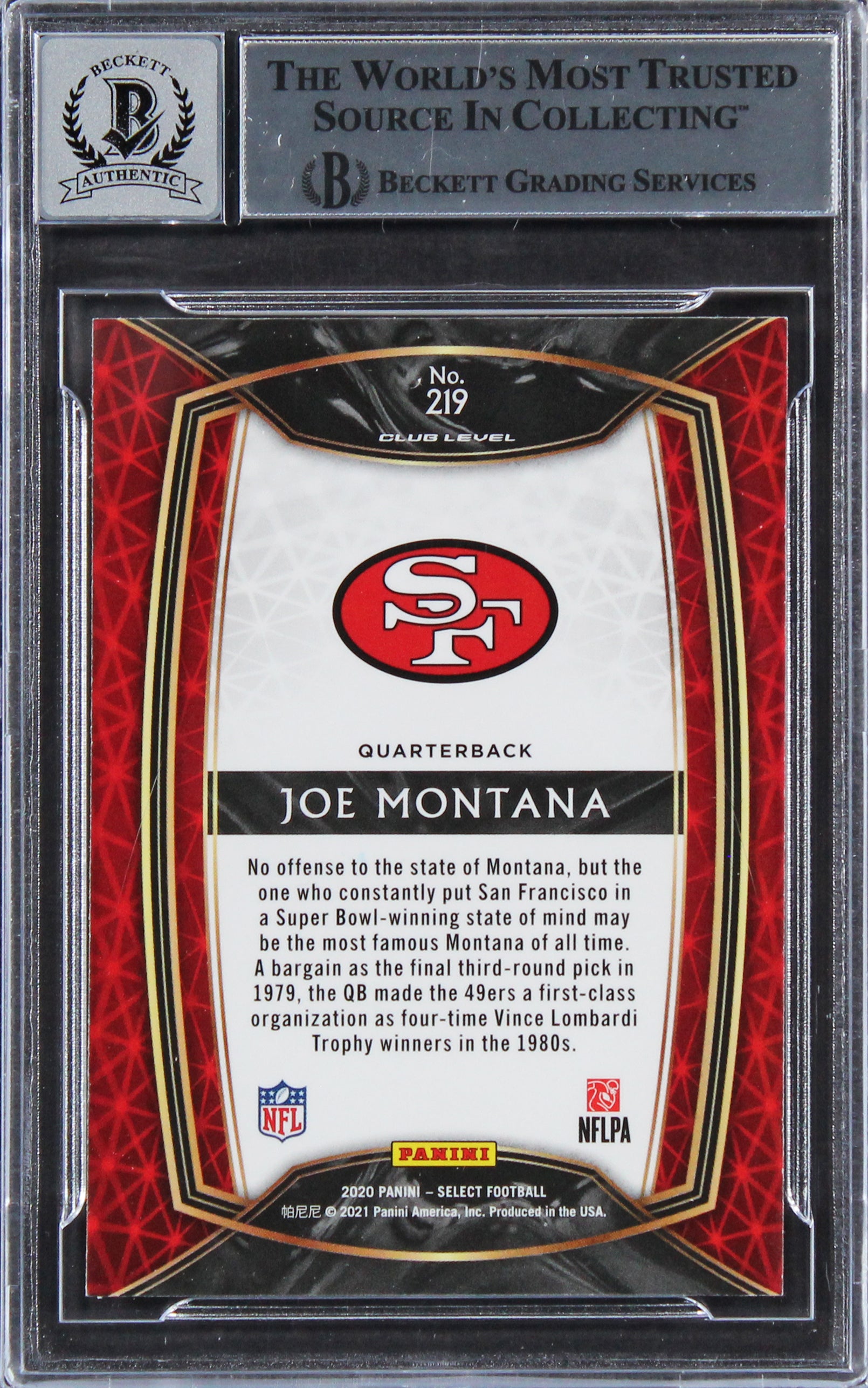 49ers Joe Montana Authentic Signed 2020 Select #219 Card Auto 10! BAS Slabbed