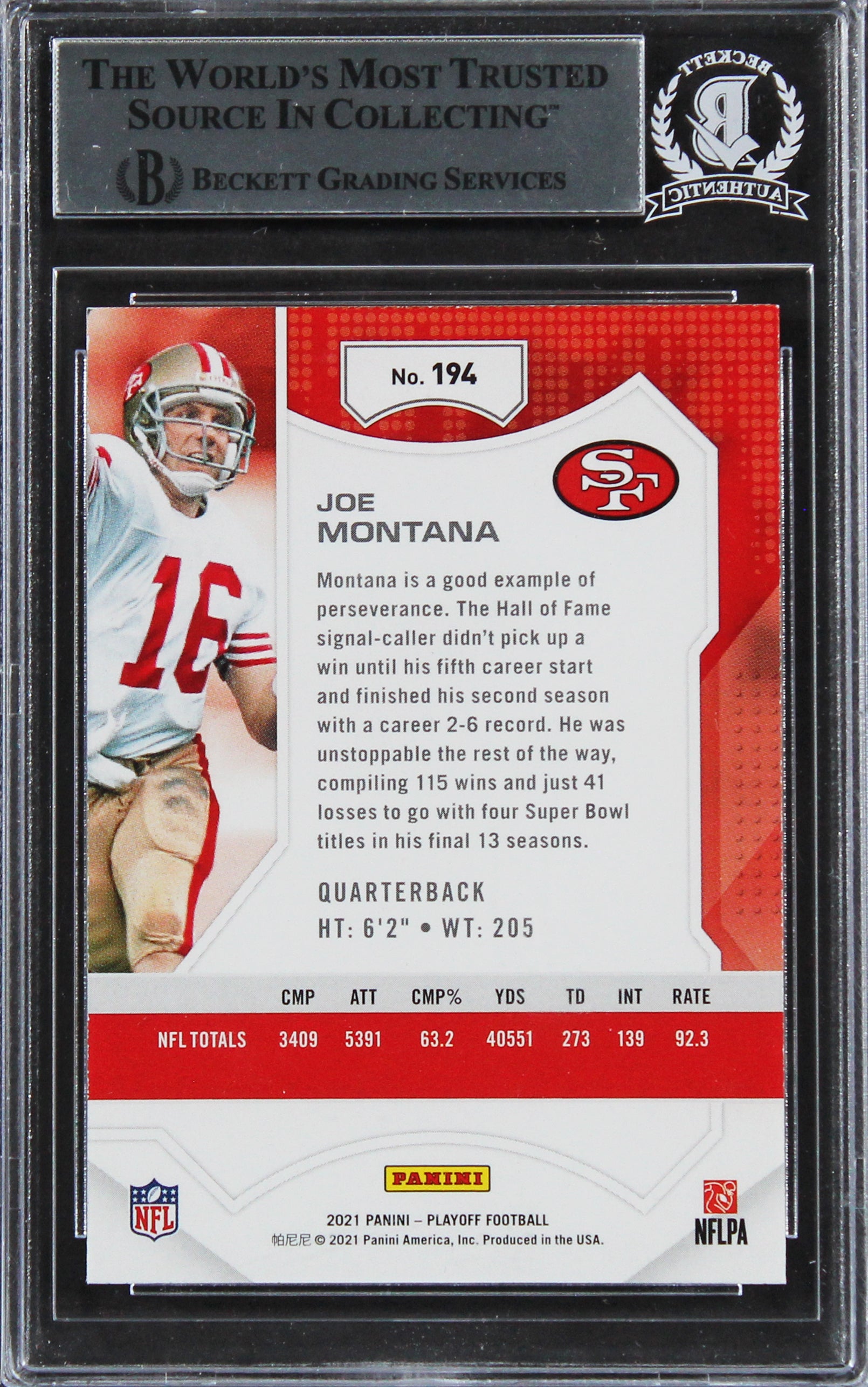 49ers Joe Montana Authentic Signed 2021 Playoff #194 Card BAS Slabbed