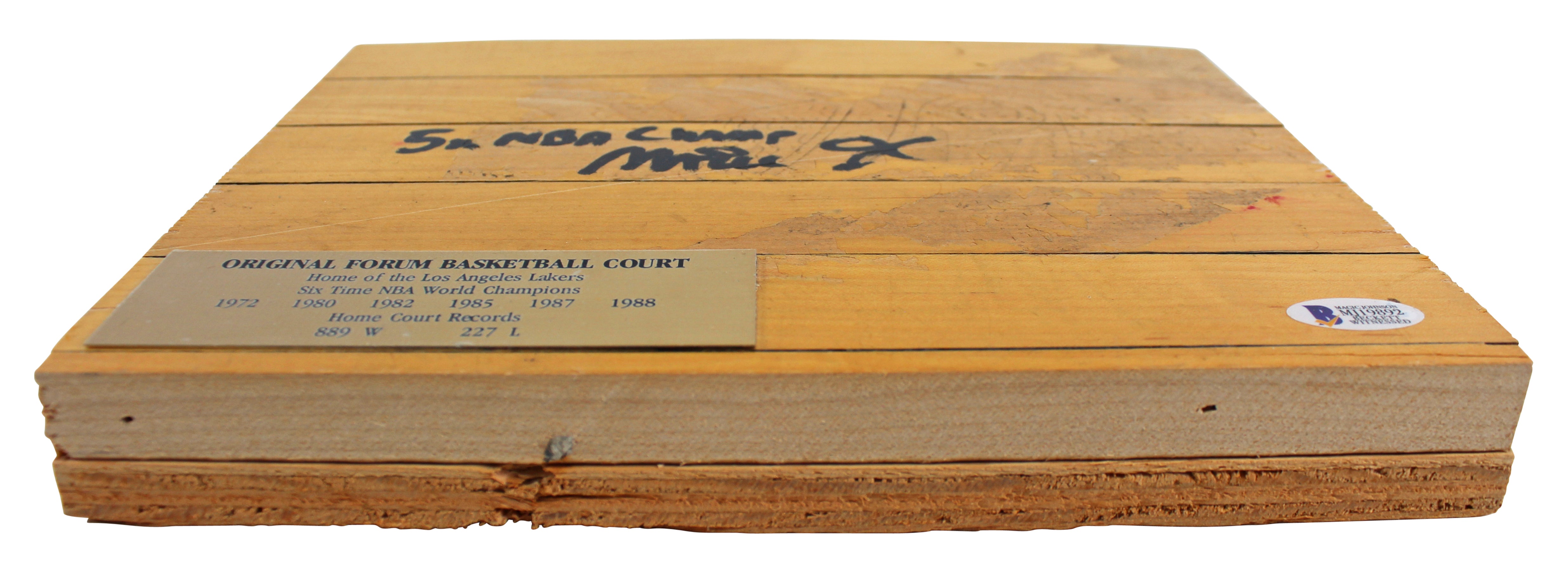Lakers Magic Johnson "5x NBA Champ" Signed 8x10 Forum Floorboard BAS Witnessed
