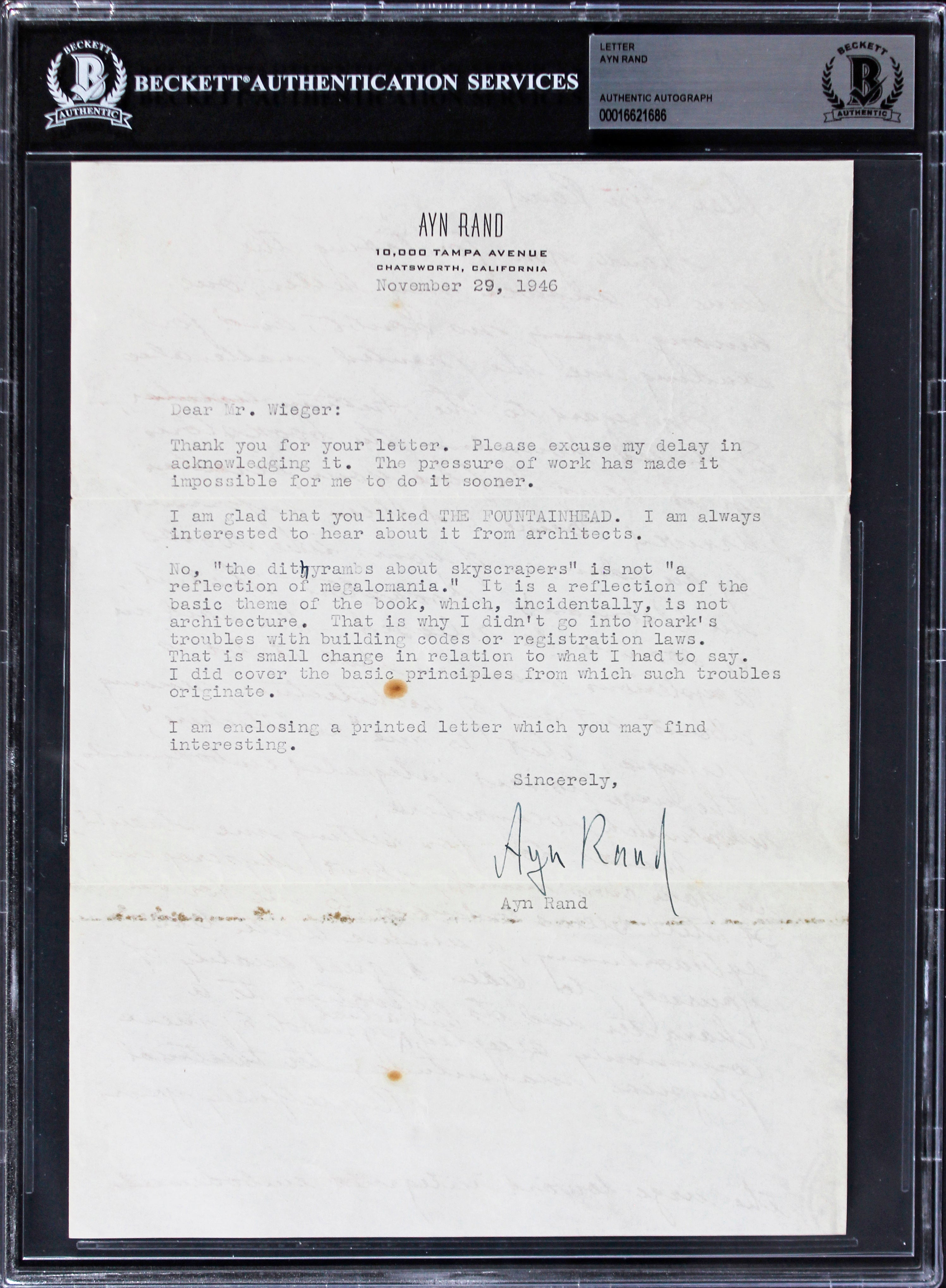 Ayn Rand Authentic Signed 7.25x10 Typed Letter Dated Nov. 29, 1946 BAS Slabbed