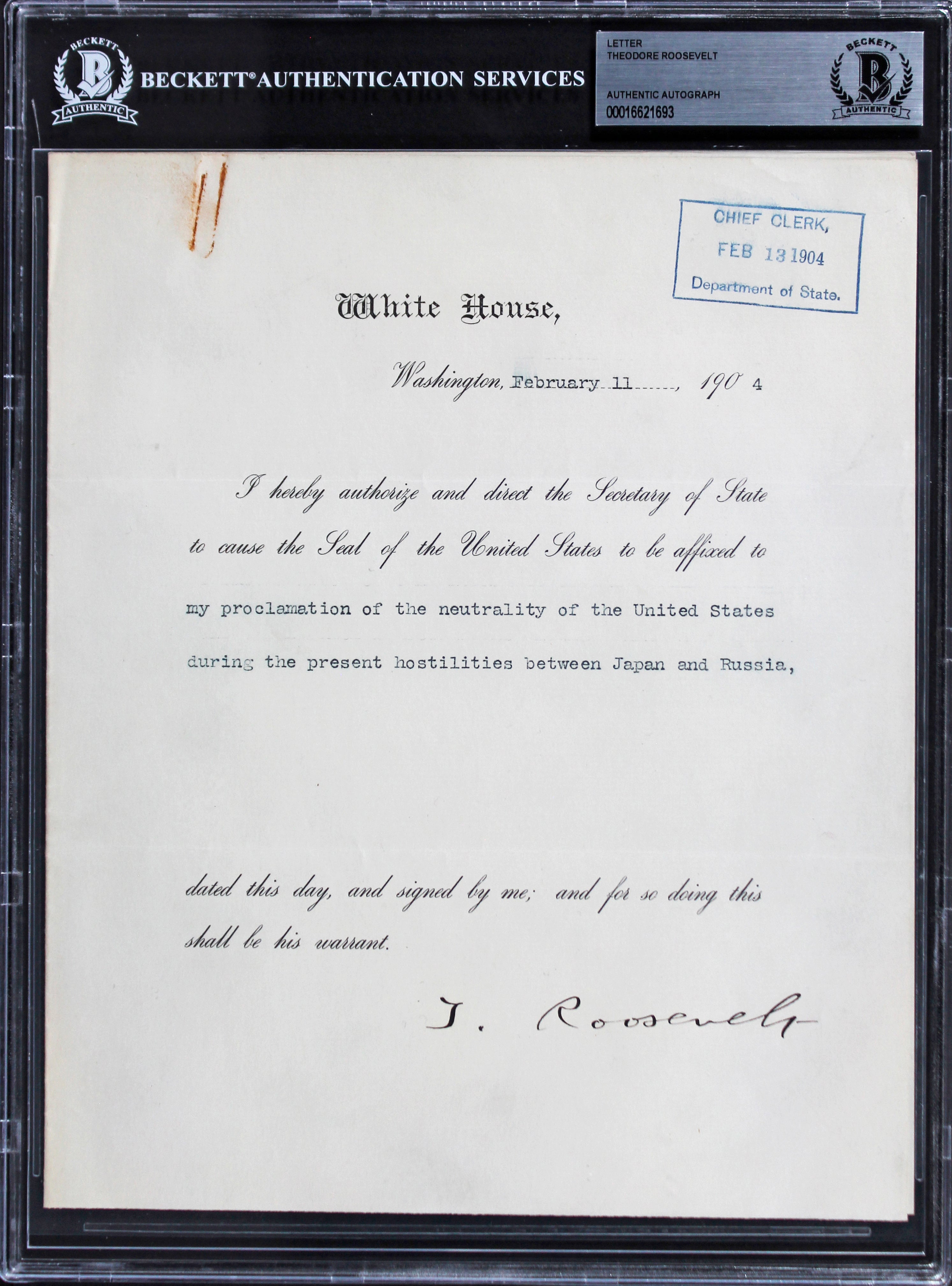 Theodore Roosevelt Signed 8x10 1904 Letter On Official WH Letterhead BAS Slabbed