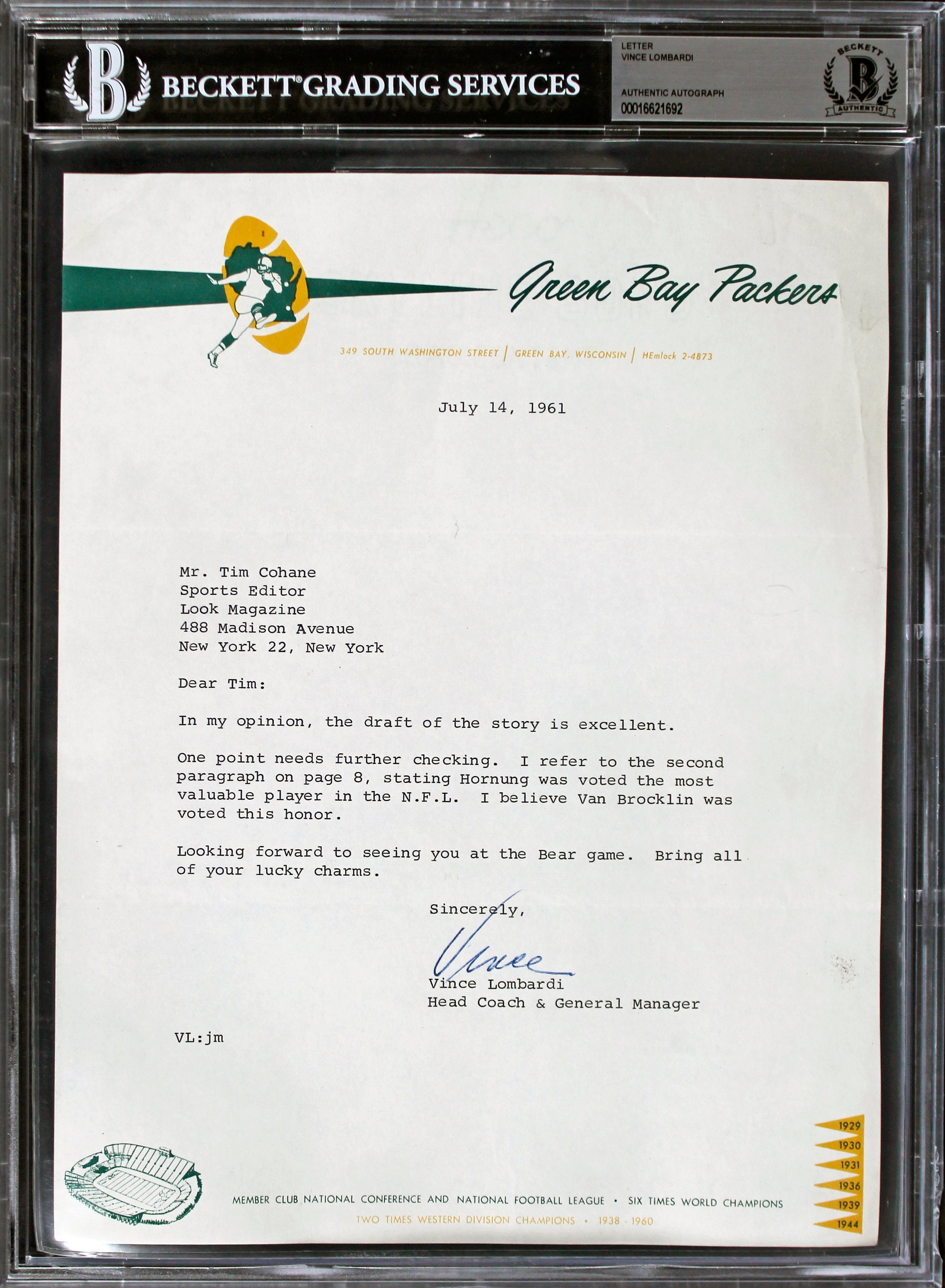 Vince Lombardi Signed 1961 Letter On Green Bay Packers Letterhead BAS Slabbed