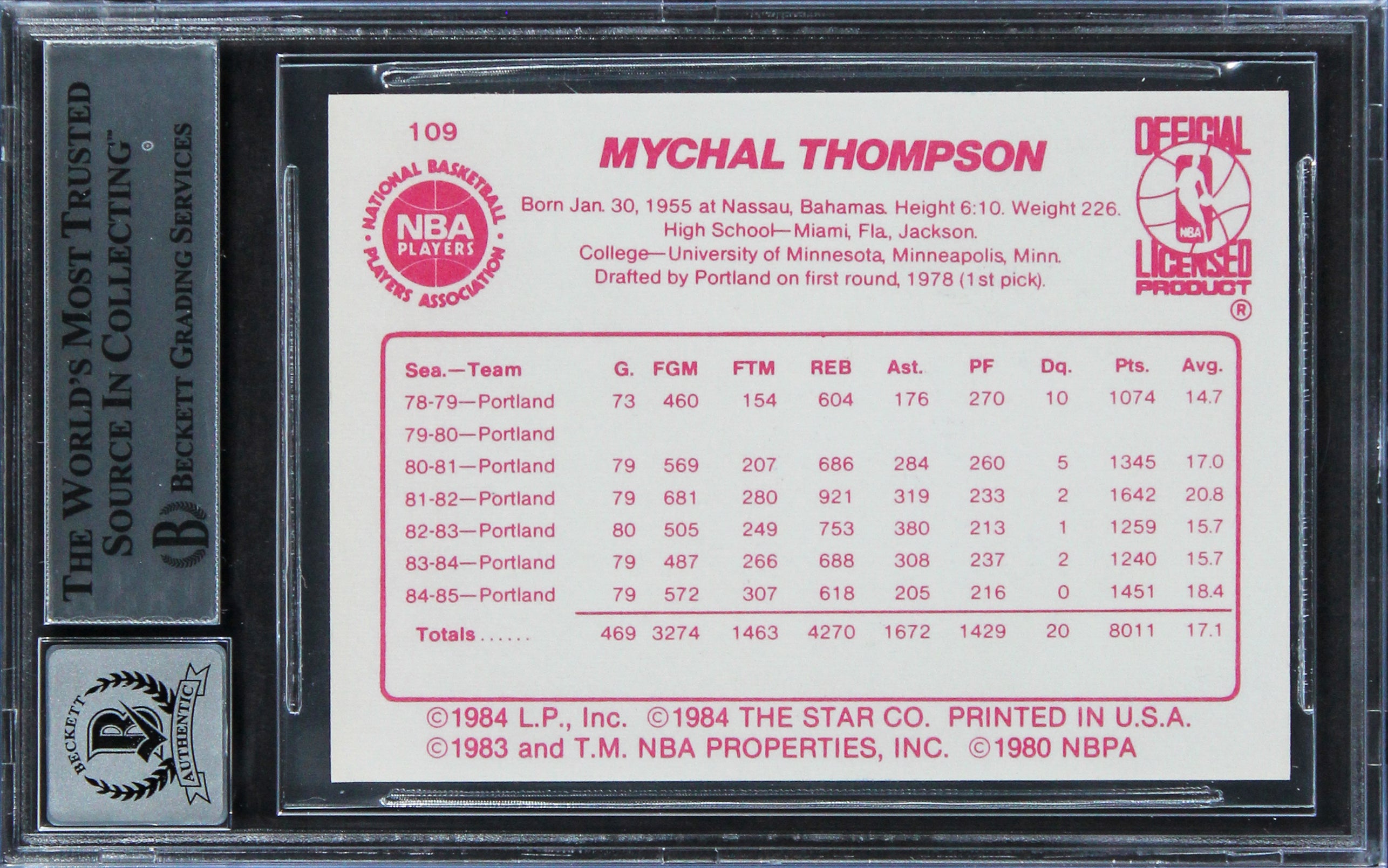 Blazers Mychal Thompson Authentic Signed 1985 Star #109 Card Auto 10! BAS Slab