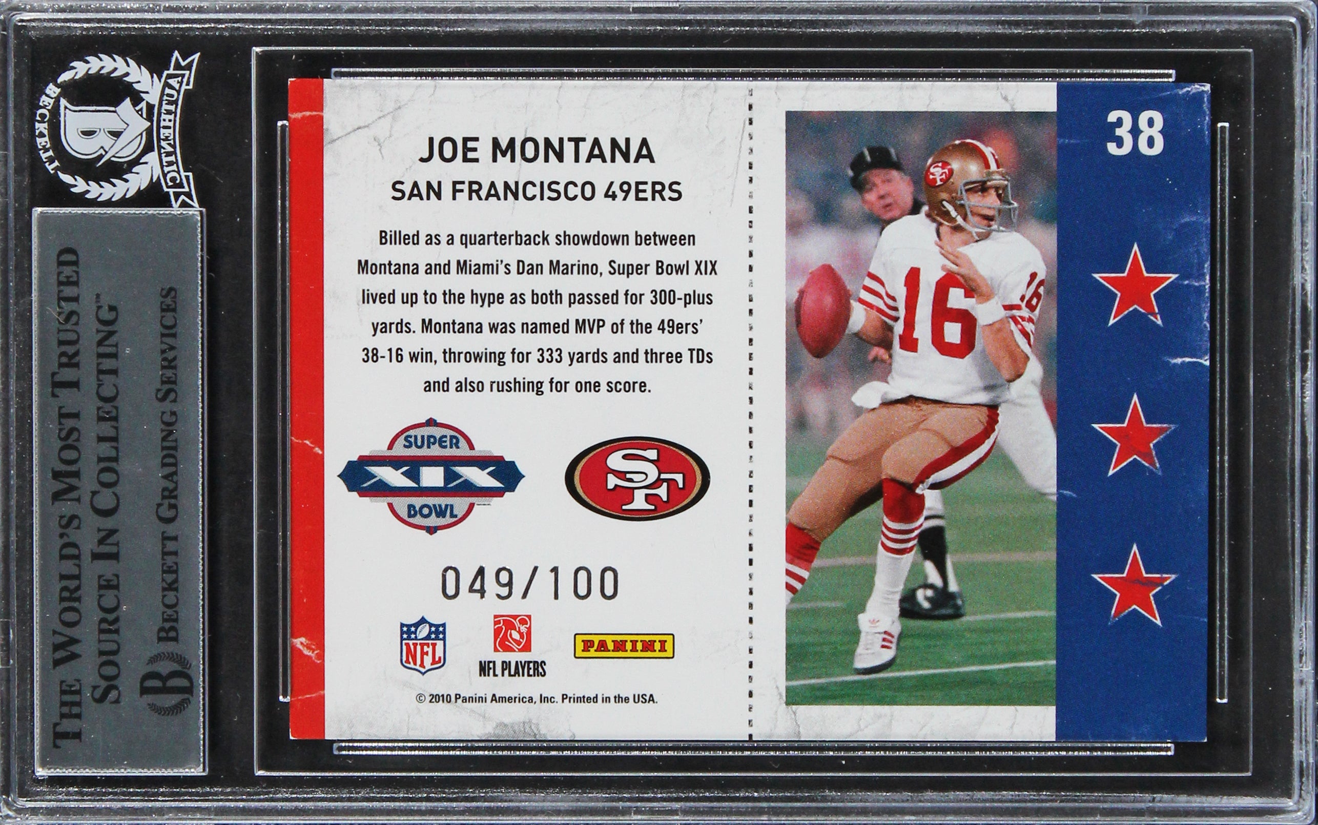 49ers Joe Montana Signed 2010 Playoff Contenders SBTG #38 #49/100 Card BAS Slab