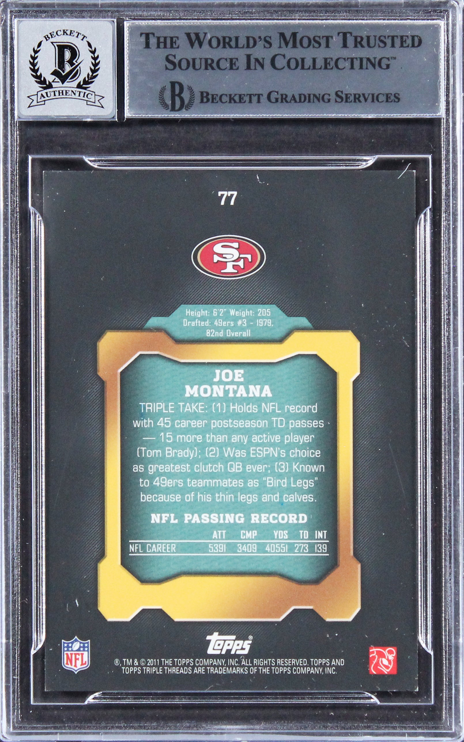 49ers Joe Montana Signed 2011 Topps TTE #77 #118/250 Card Auto 10! BAS Slabbed