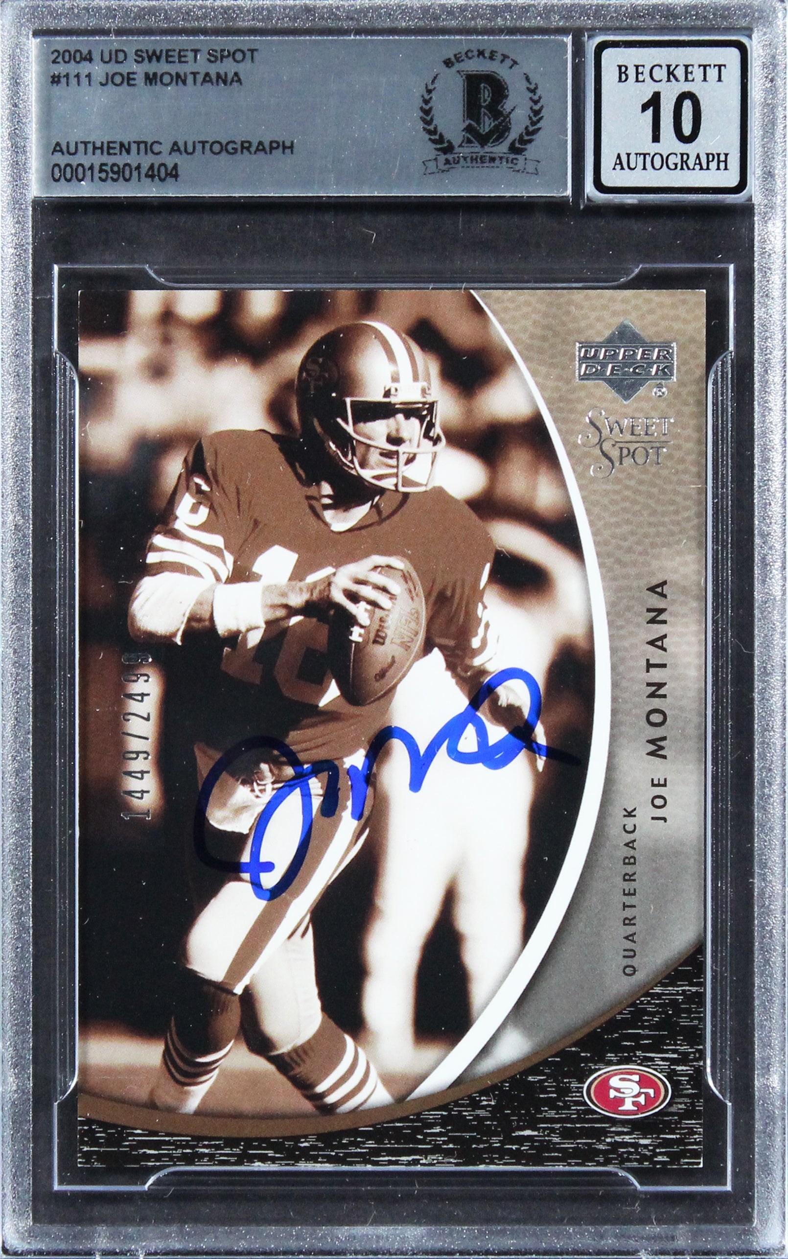 49ers Joe Montana Signed 2004 UD SS #111 #1449/2499 Card Auto 10! BAS Slabbed