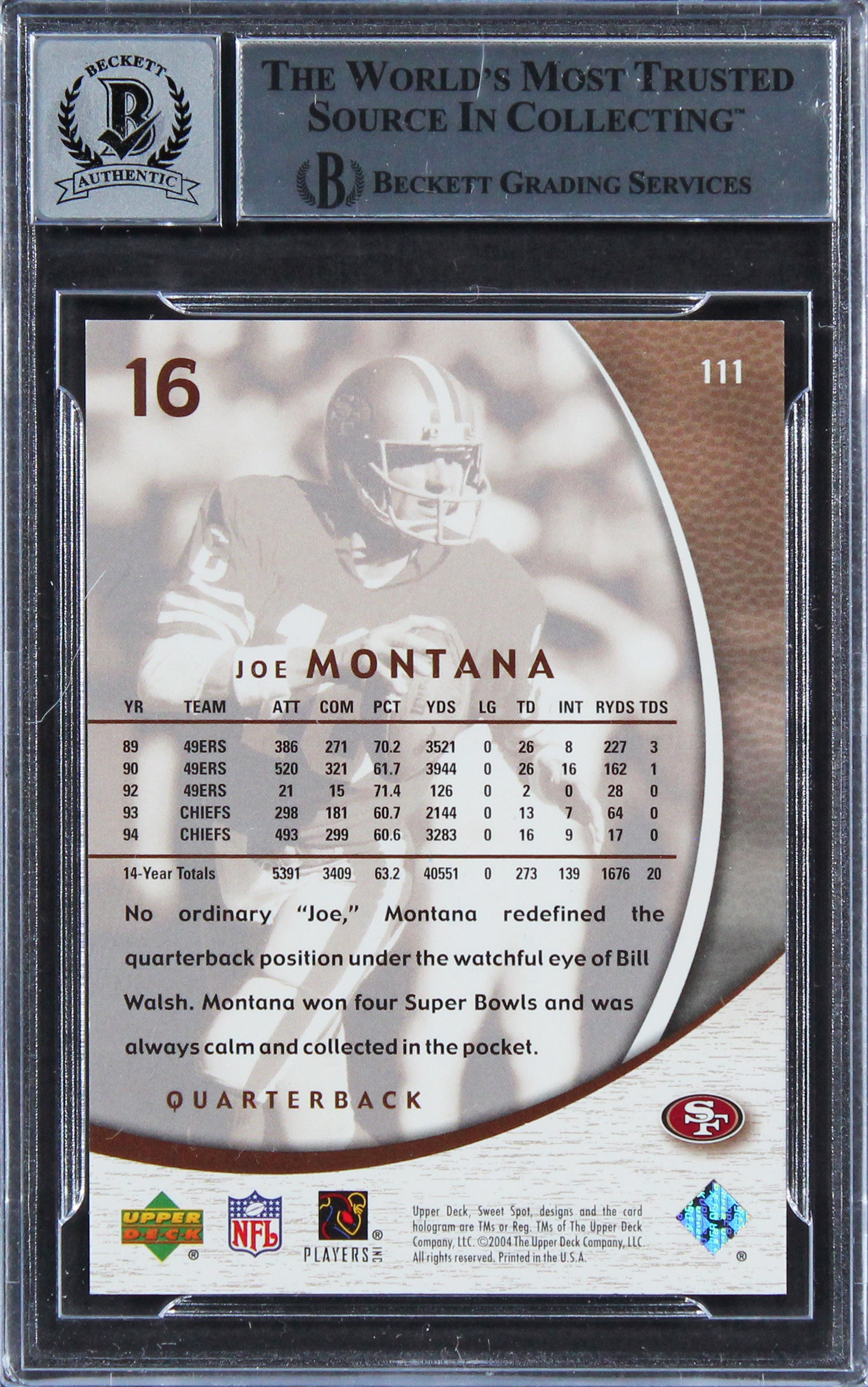 49ers Joe Montana Signed 2004 UD SS #111 #1449/2499 Card Auto 10! BAS Slabbed