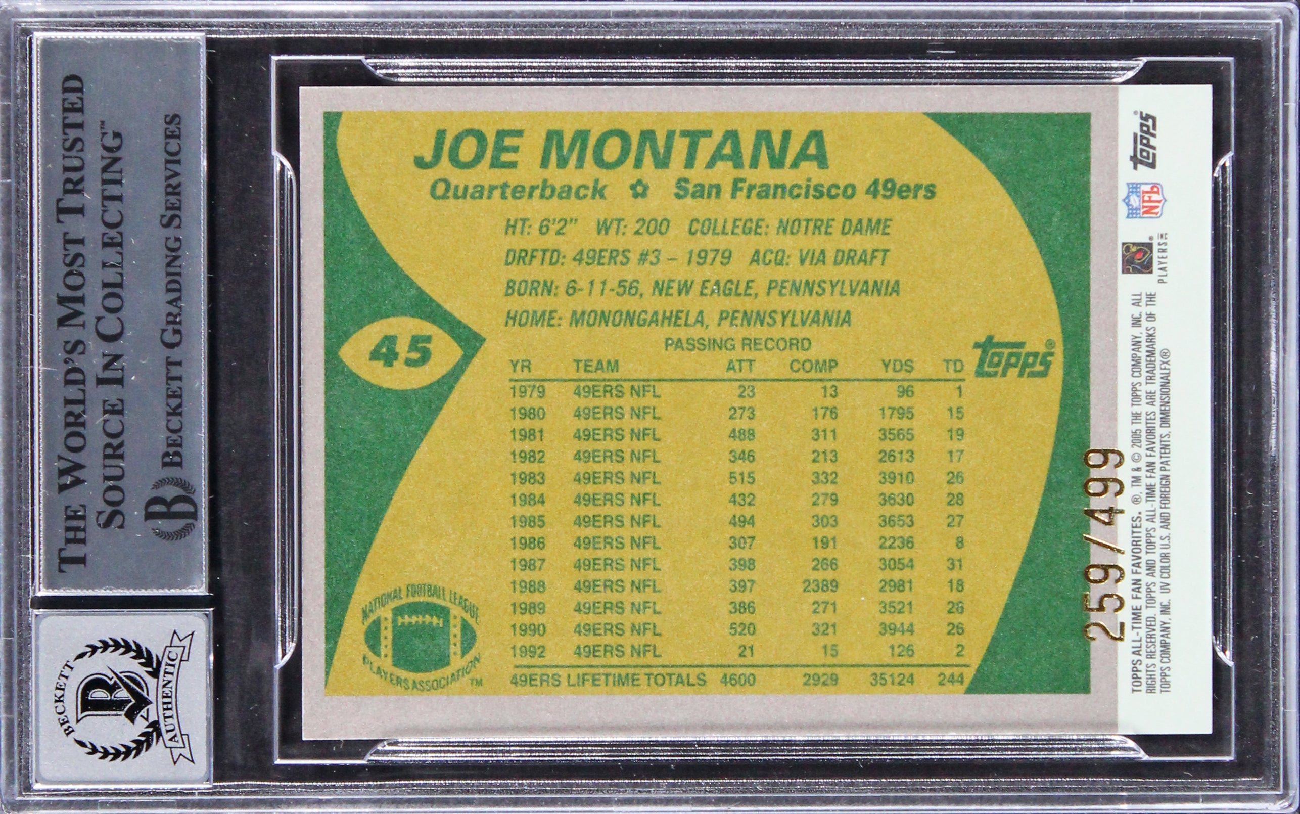 49ers Joe Montana Signed 2004 Topps Fan Favs #45 #259/499 Card Auto 10! BAS Slab