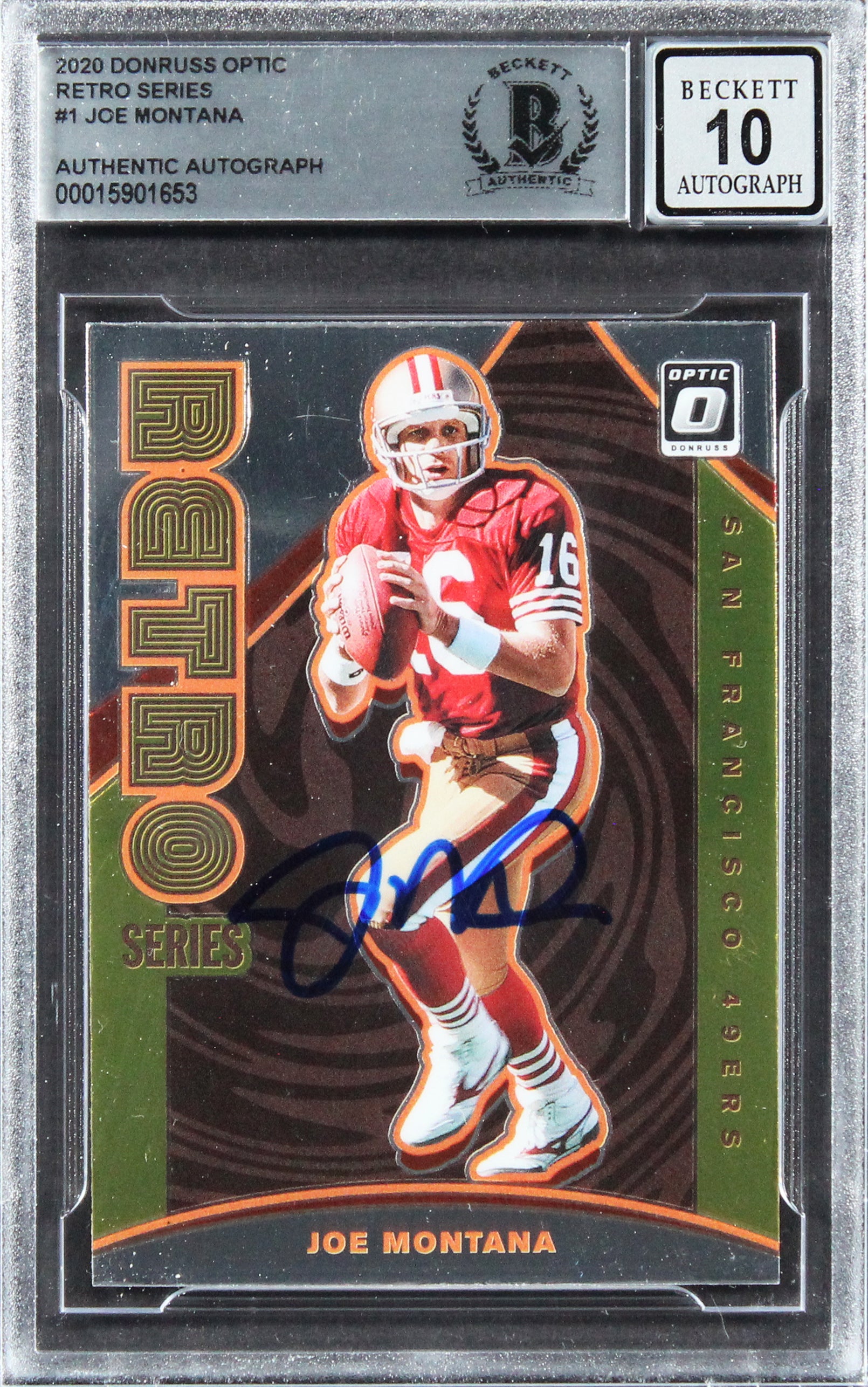 49ers Joe Montana Signed 2020 Donruss Optic Retro #1 Card Auto 10! BAS Slabbed