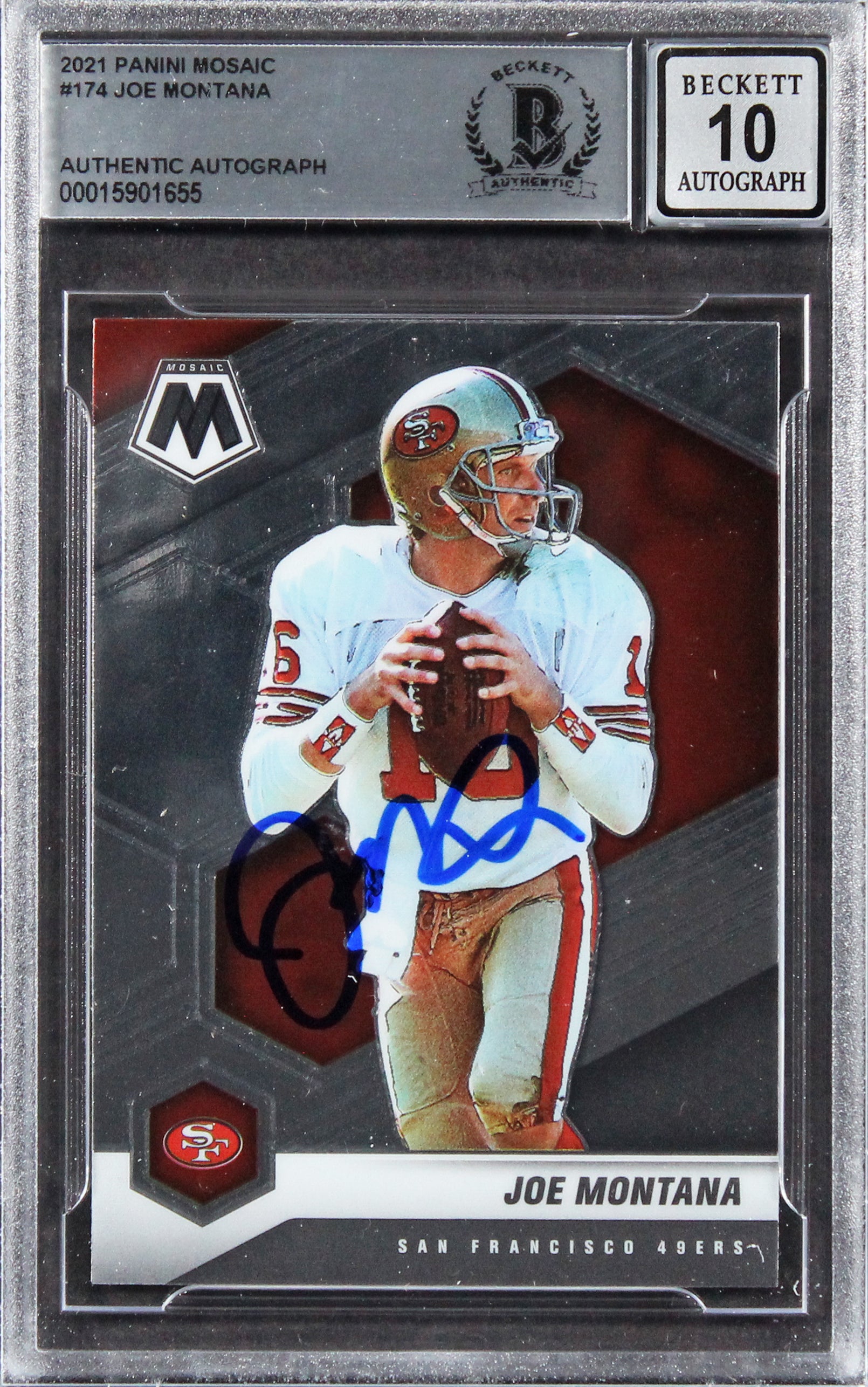 49ers Joe Montana Signed 2021 Panini Mosaic #174 Card Auto 10! BAS Slabbed