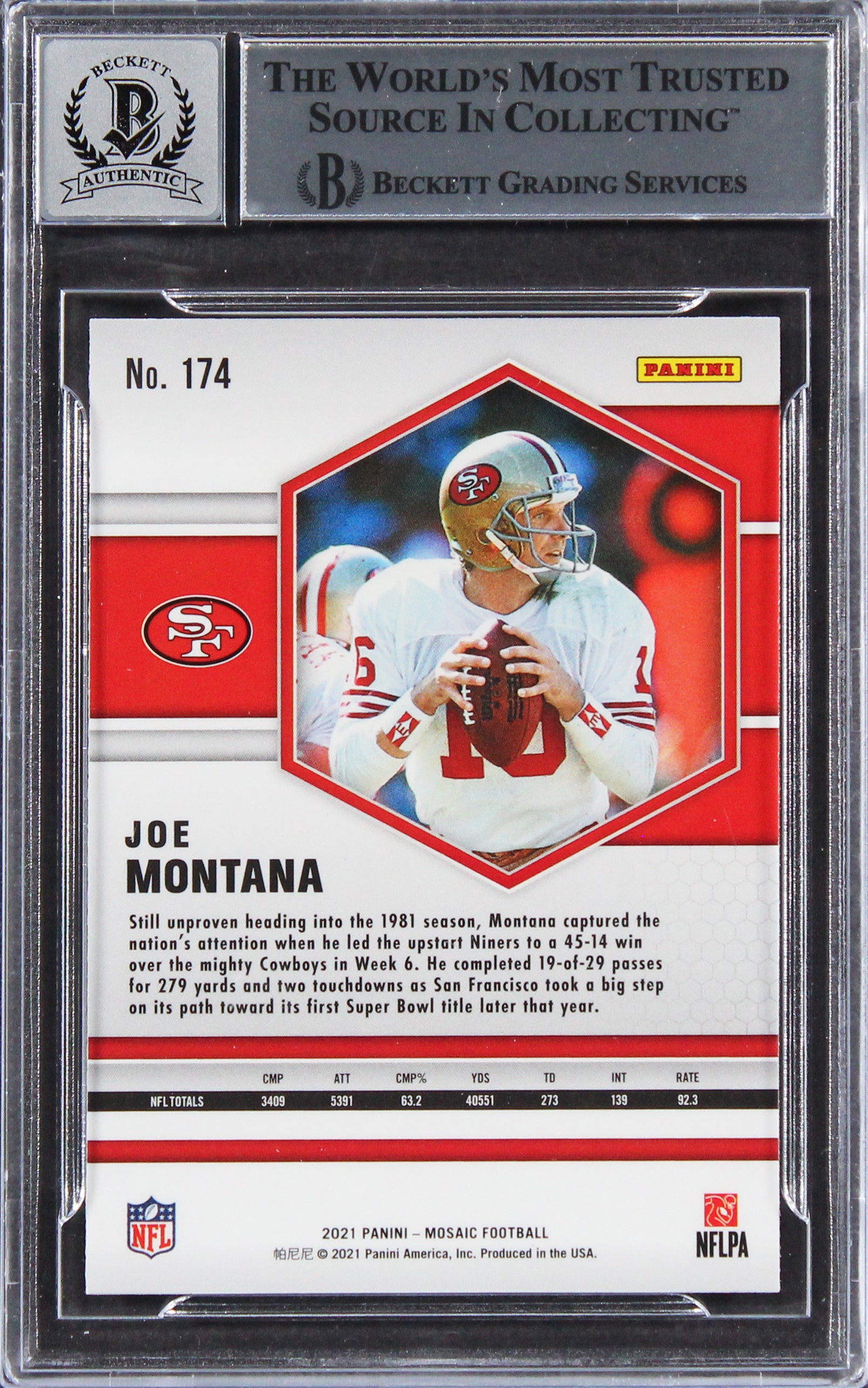 49ers Joe Montana Signed 2021 Panini Mosaic #174 Card Auto 10! BAS Slabbed