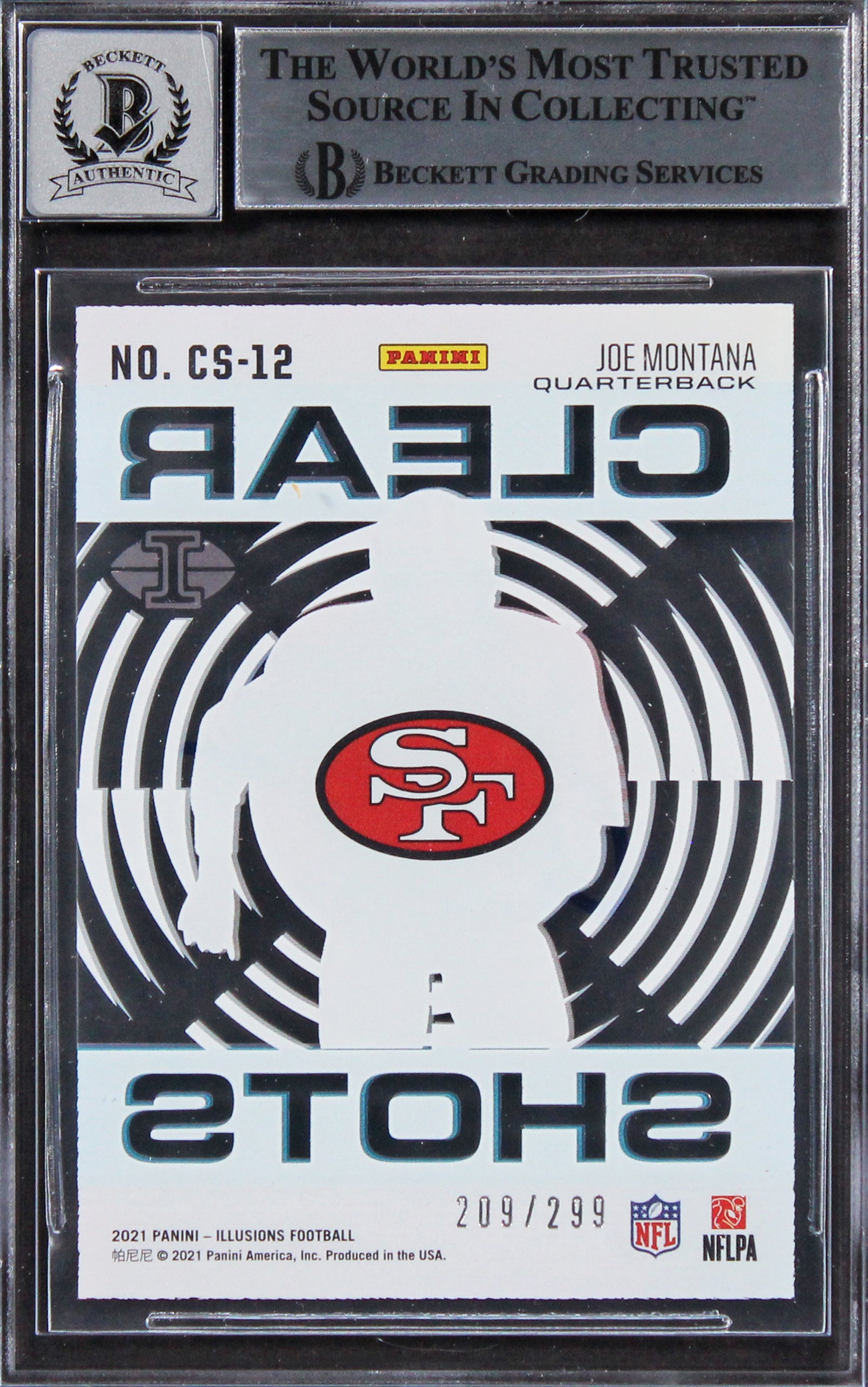 49ers Joe Montana Signed 2021 Panini Illusion #12 #209/299 Card Auto 10 BAS Slab