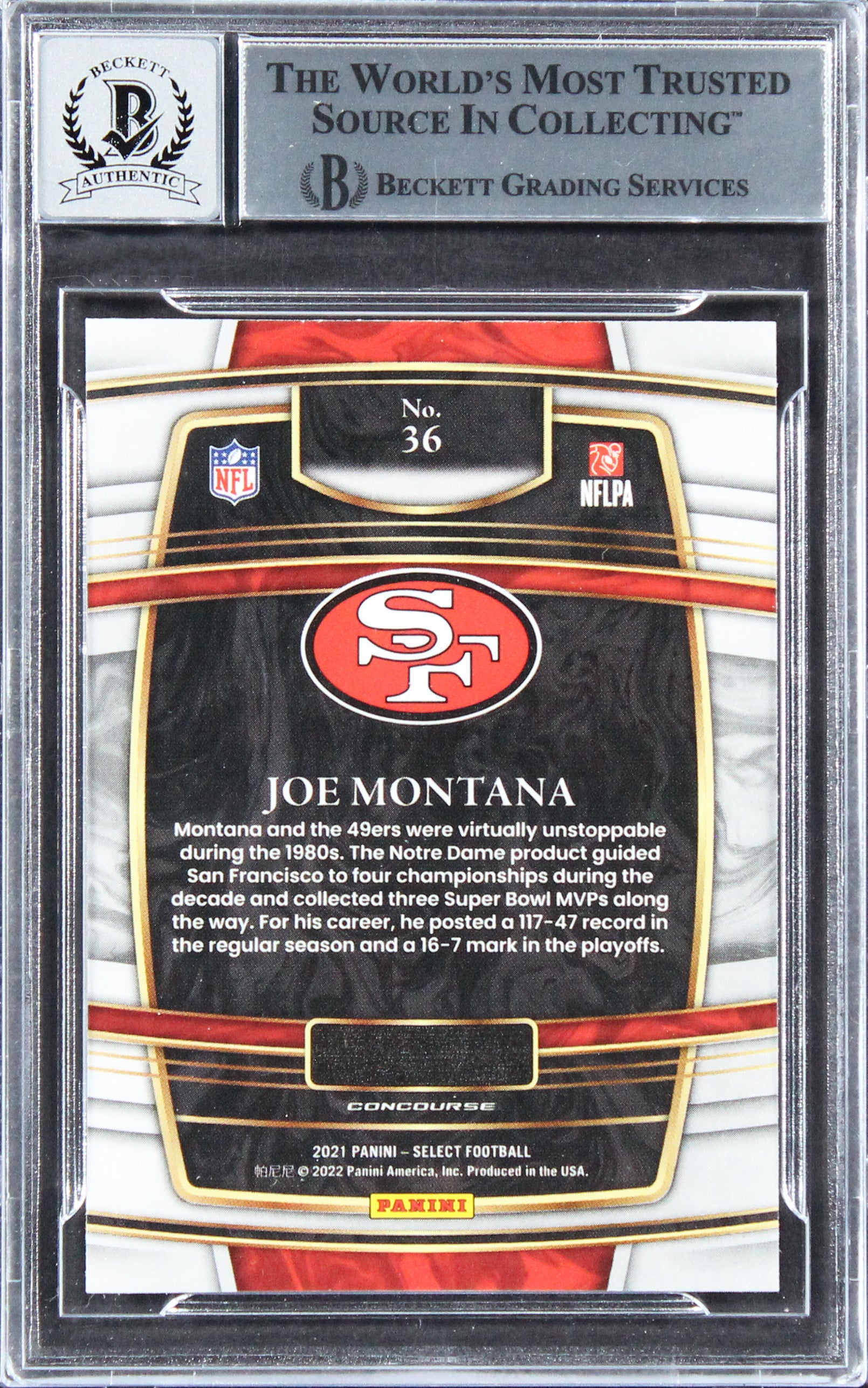 49ers Joe Montana Authentic Signed 2021 Select #36 Card Auto 10! BAS Slabbed