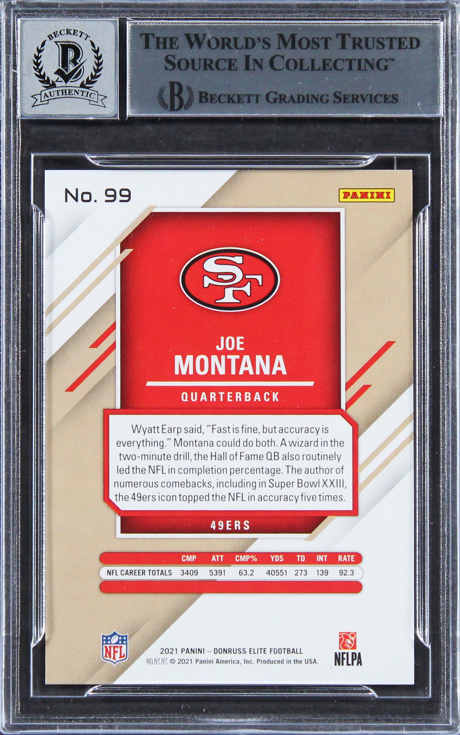 49ers Joe Montana Authentic Signed 2021 Elite #99 Card Auto 10! BAS Slabbed