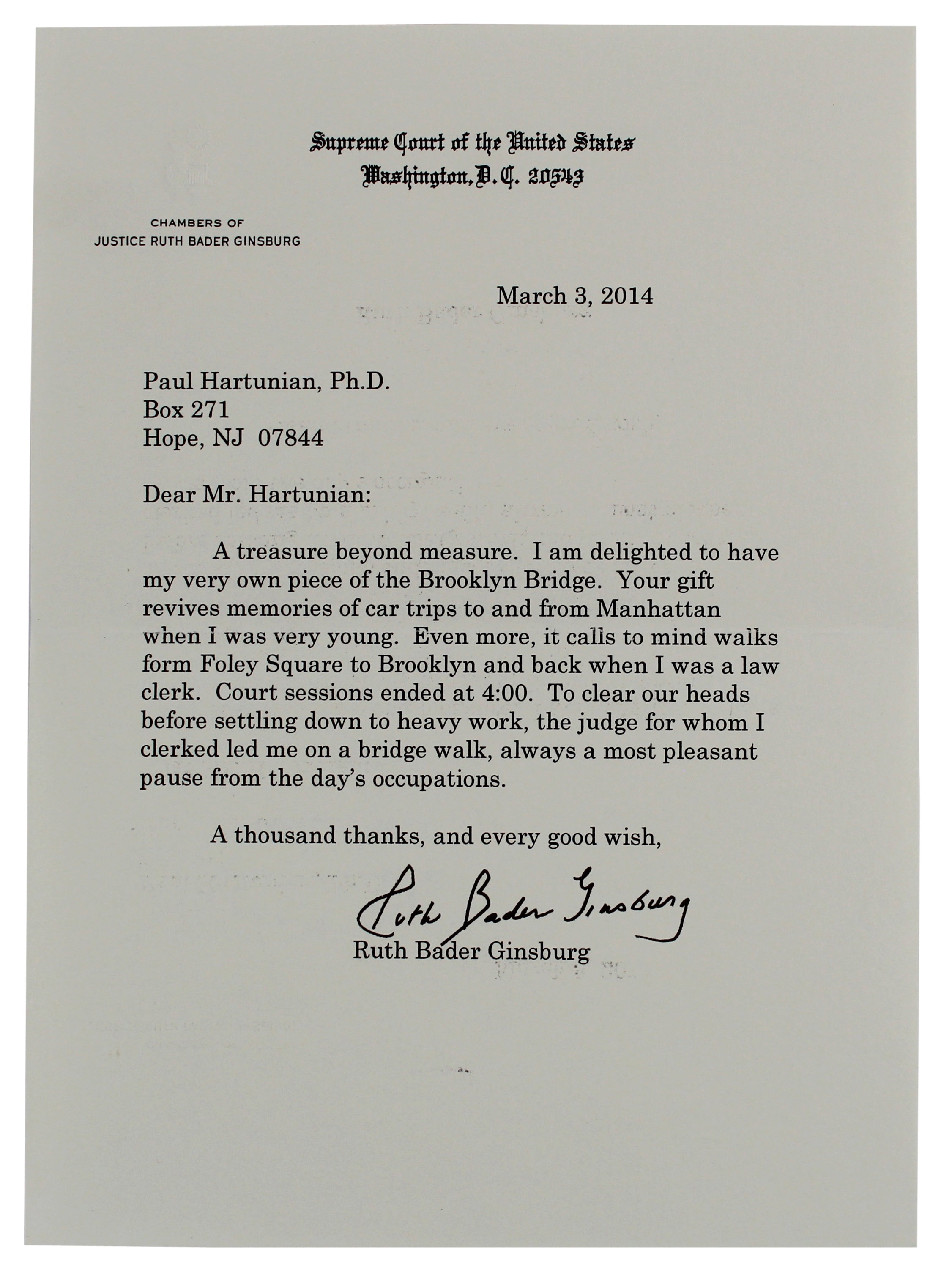Ruth Bader Ginsberg Authentic Signed 6.25x8.75 2014 Letter BAS #AB14251