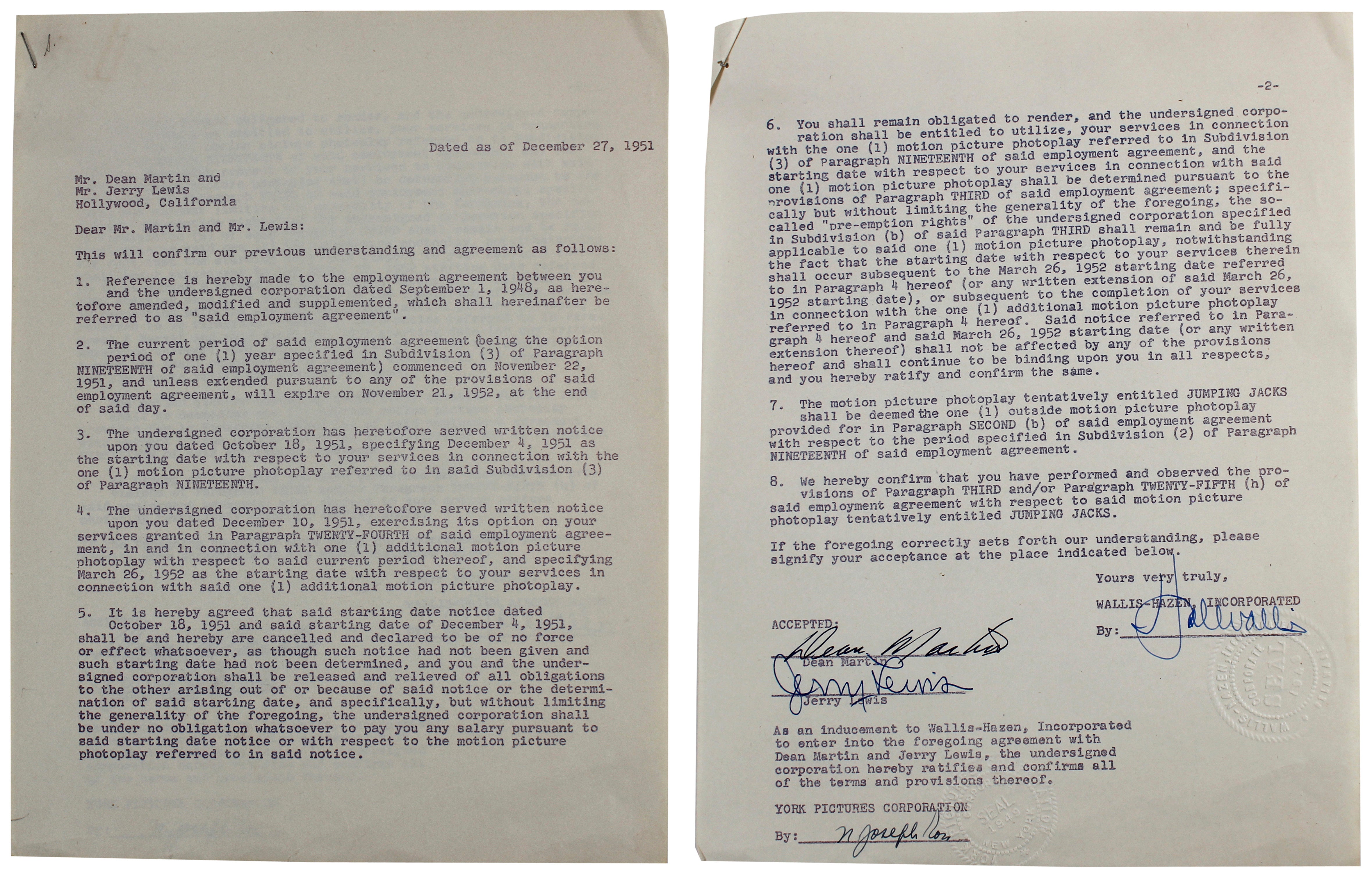 Dean Martin & Jerry Lewis Authentic Signed 8.5x11 Contract BAS #AB14254