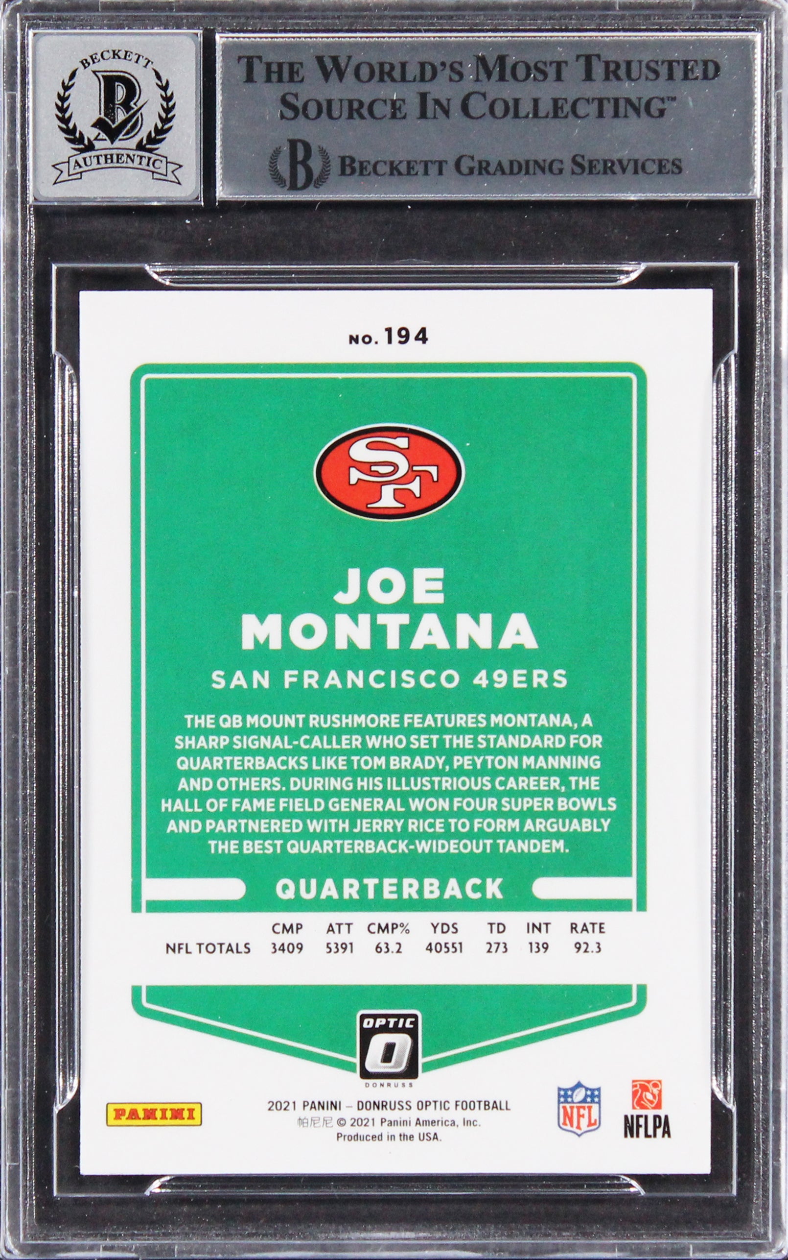 49ers Joe Montana Signed 2021 Donruss Optic #194 Card Auto 10! BAS Slabbed