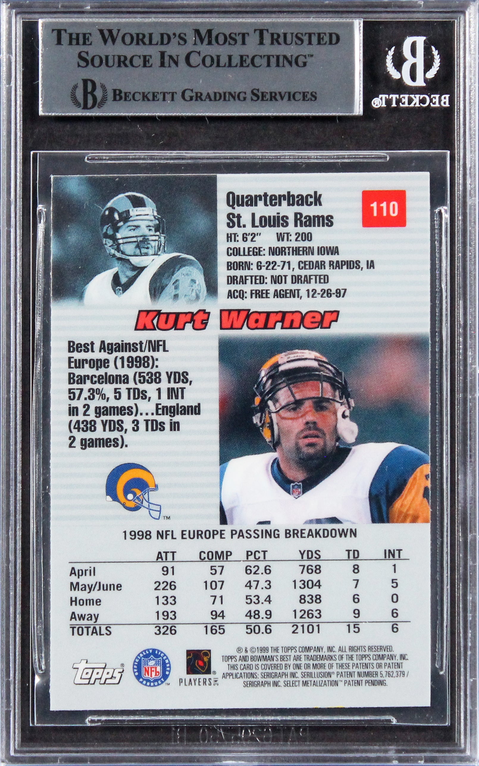 Rams Kurt Warner "HOF 17" Signed 1999 Bowman's Best #110 Rookie Card BAS Slabbed