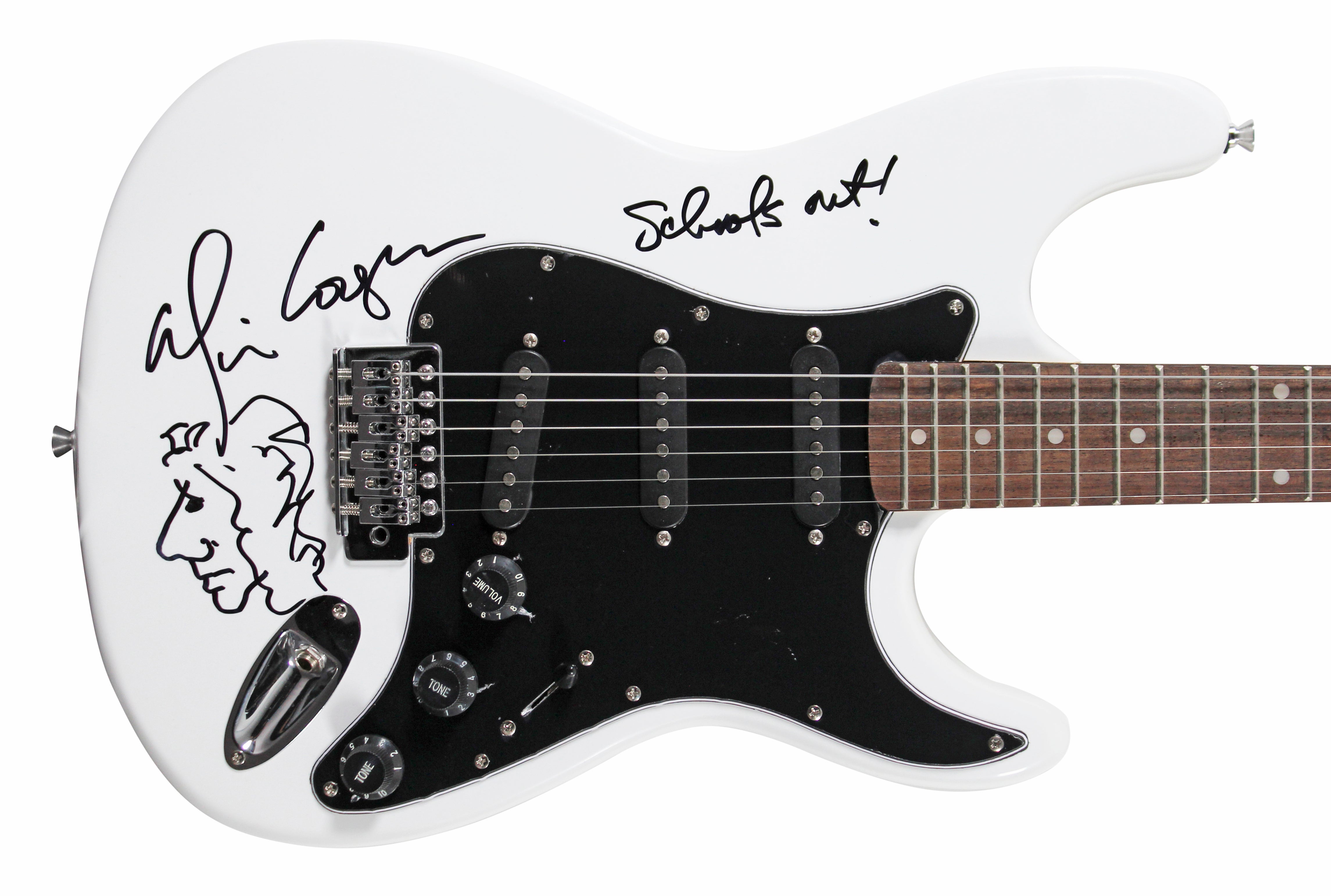 Alice Cooper Signed White Electric Guitar w/ Self Portrait Sketch BAS #1W793468