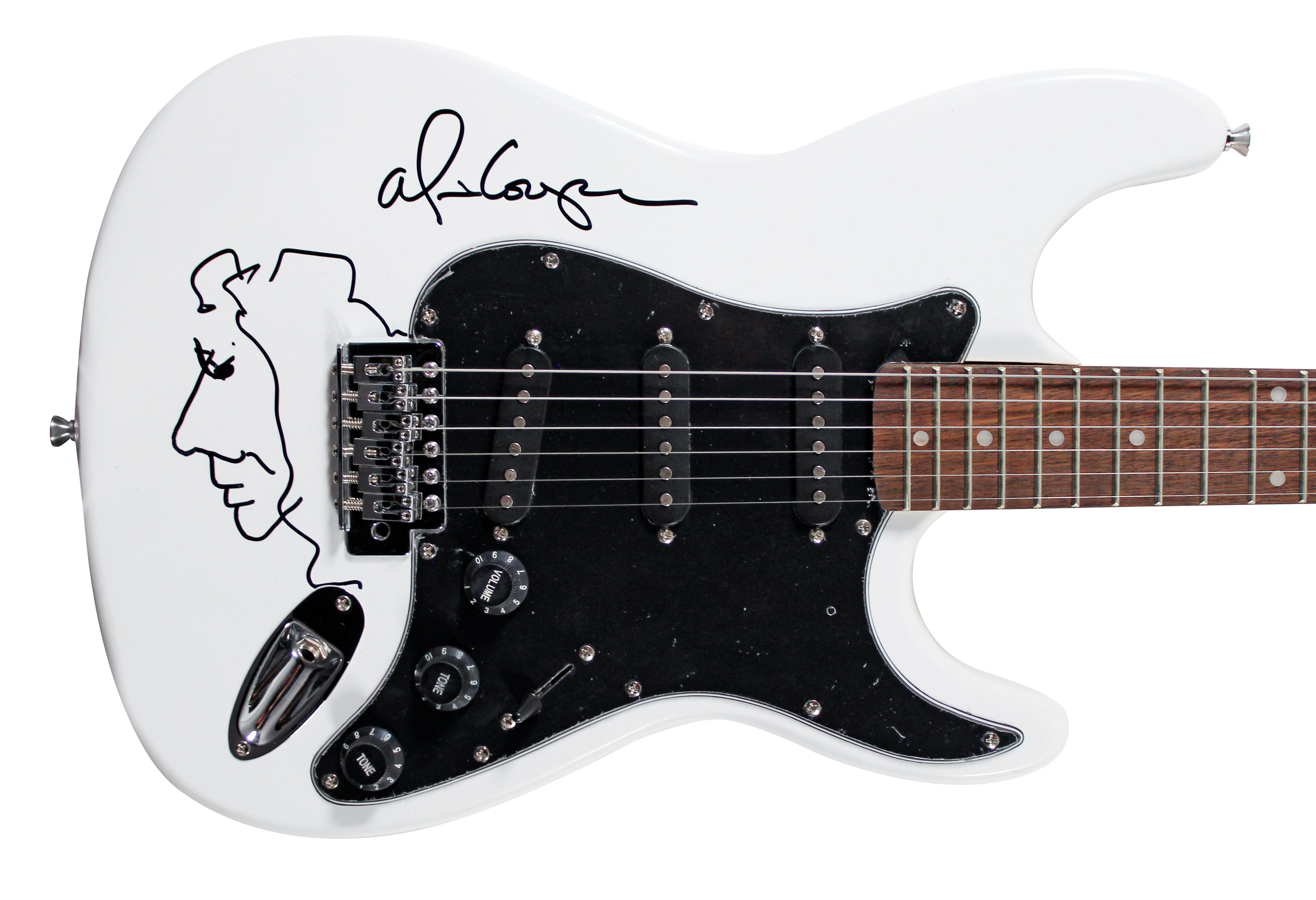 Alice Cooper Signed White Electric Guitar w/ Self Portrait Sketch BAS Witnessed