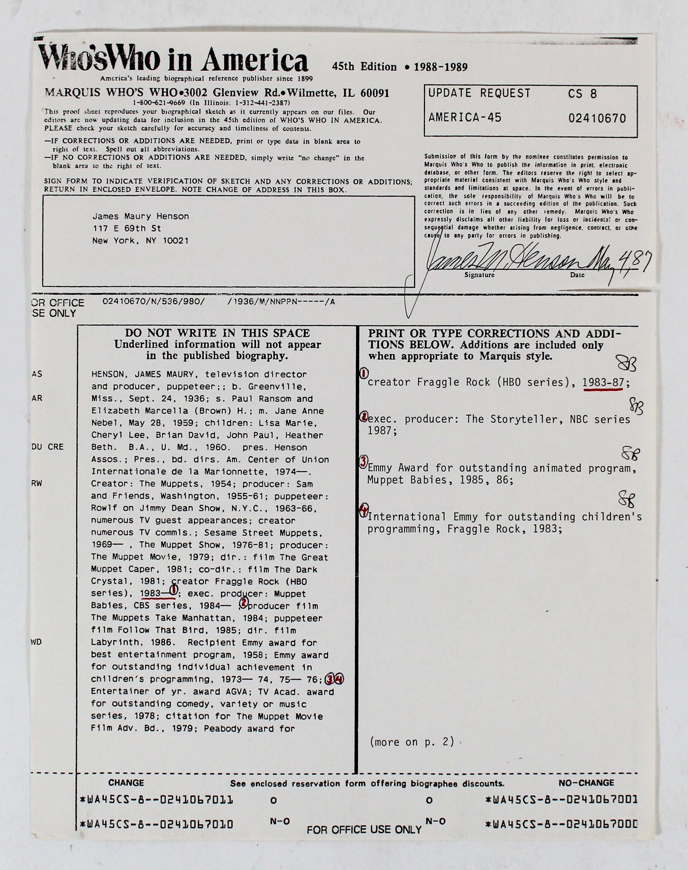 Jim Henson The Muppets Signed 8.5x11 Reference Sheet Document BAS #AB31378