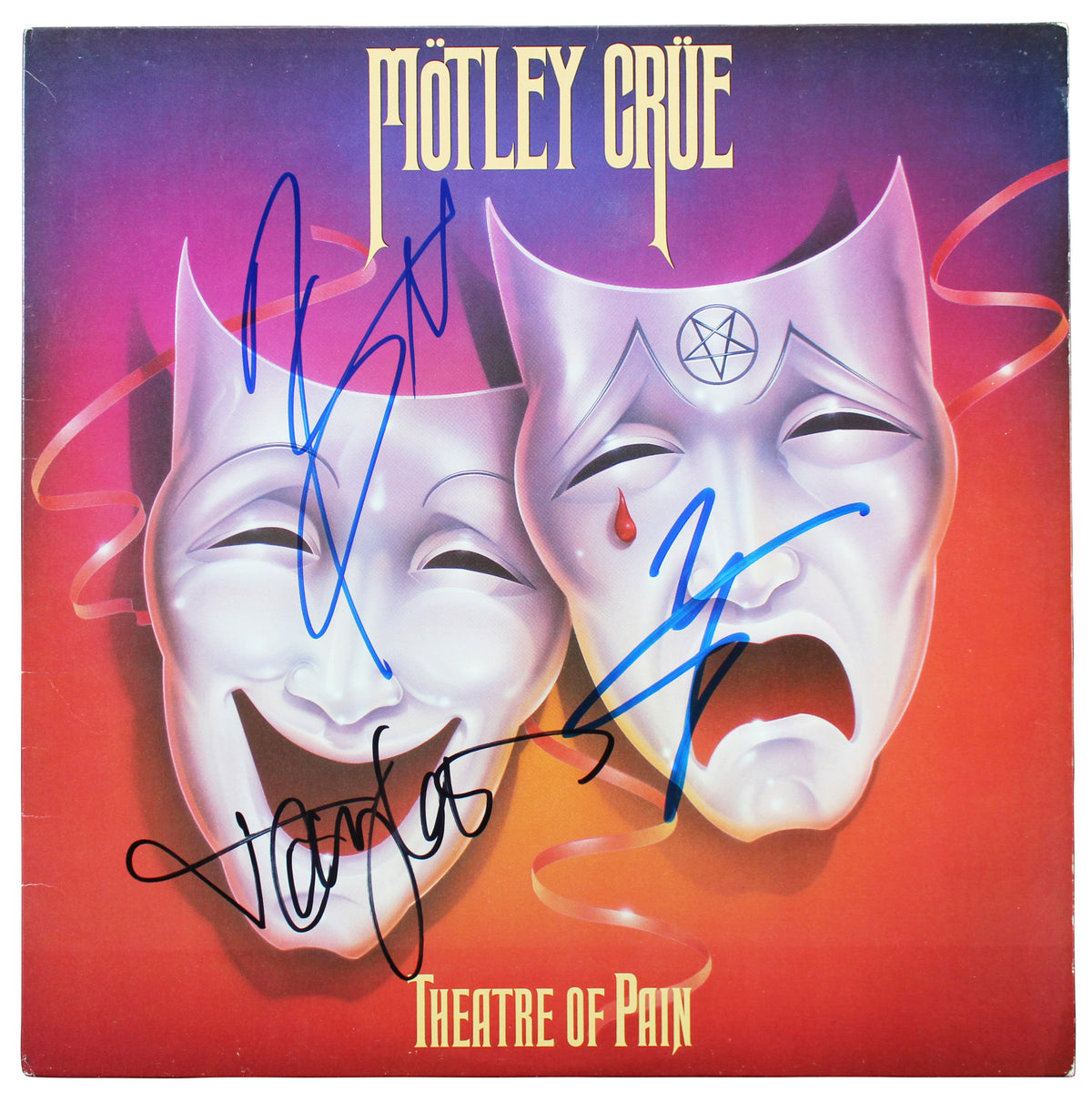 Motley Crue (3) Neil, Lee & Sixx Signed Theatre of Pain Album Cover BAS #AB77729