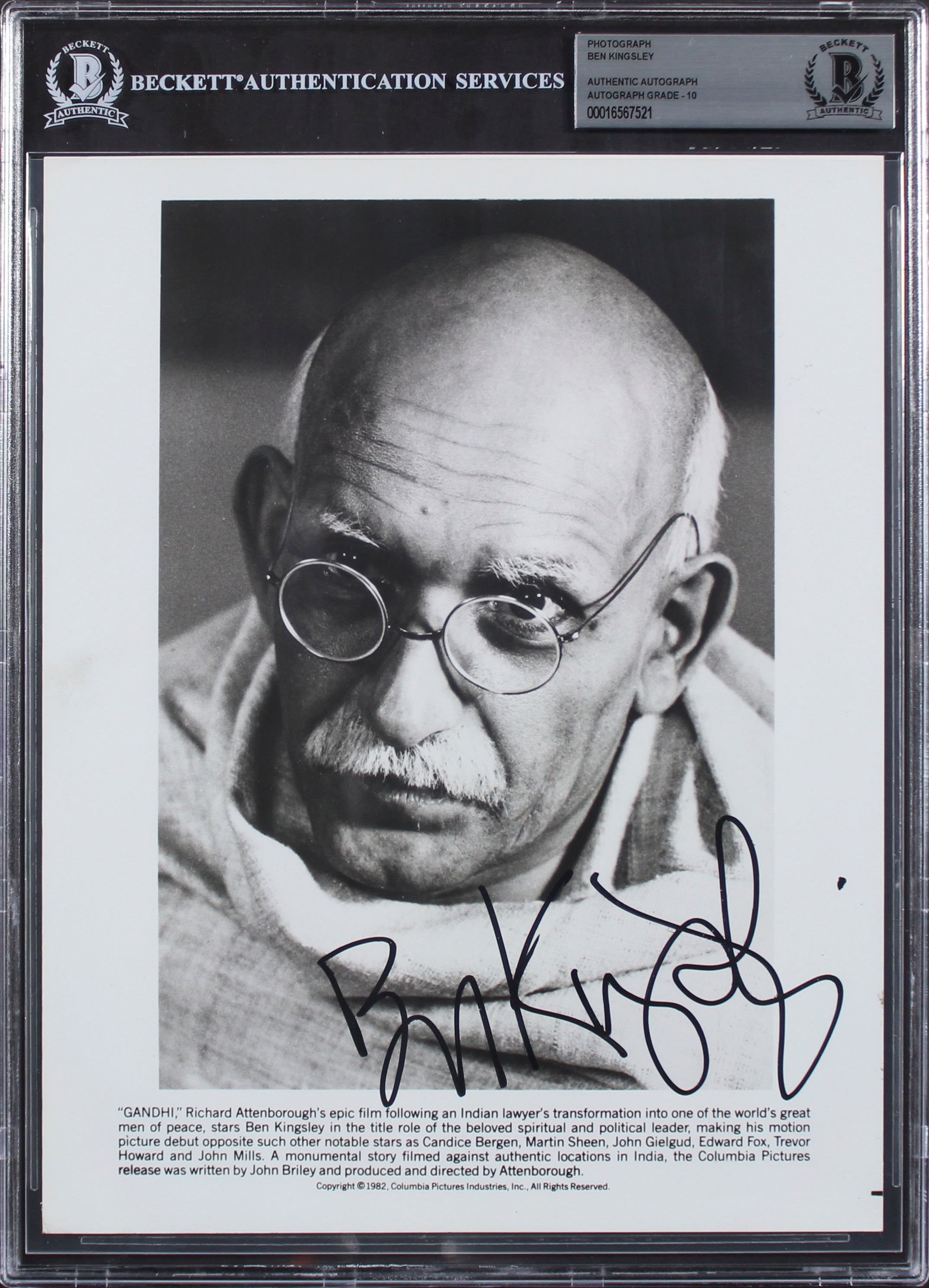 Ben Kingsley Gandhi Authentic Signed 8x10 Photo Auto Graded Gem 10! BAS Slabbed