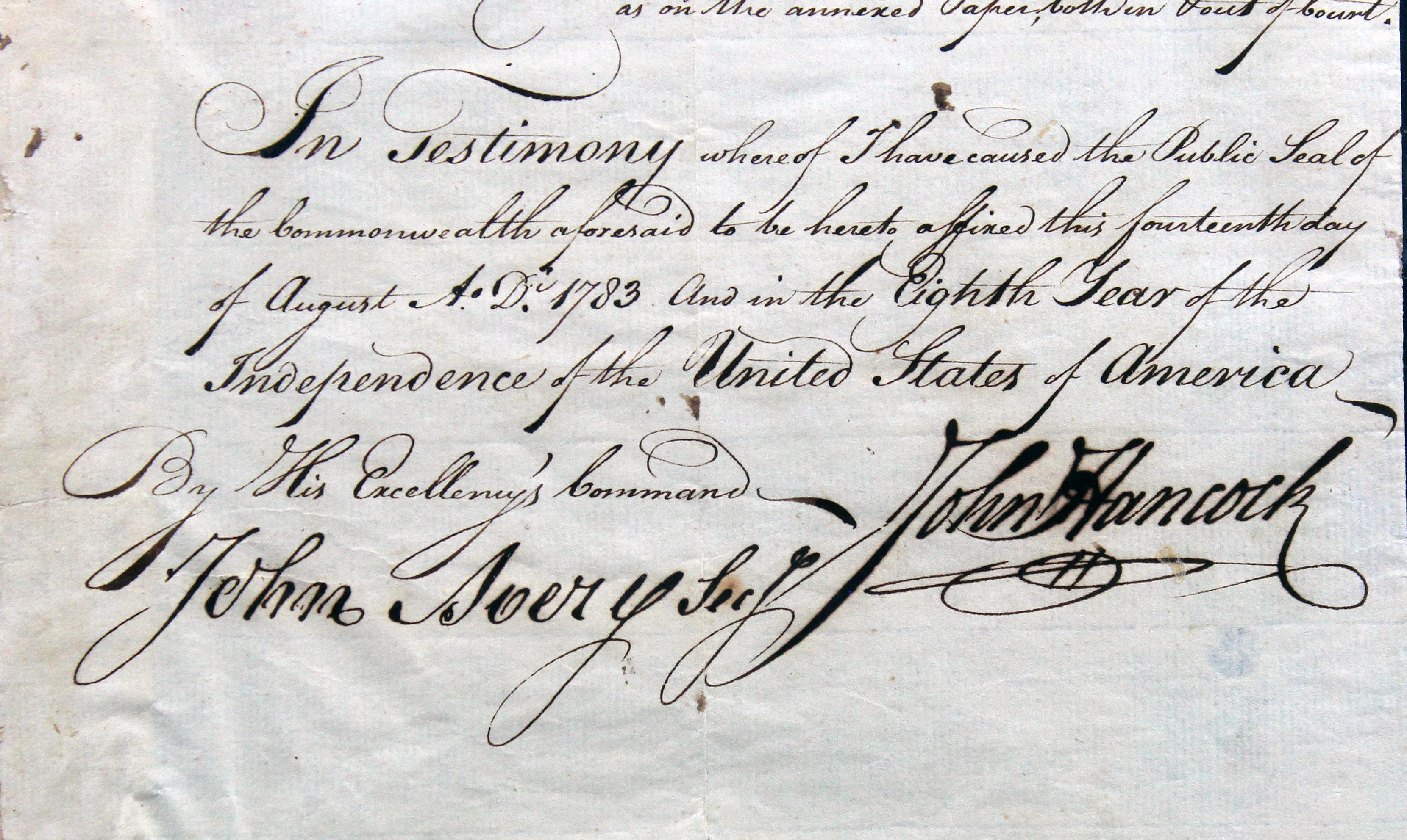 John Hancock Signed 7.5x9 1783 Maritime Judicial Appointment Auto 9 BAS Slabbed