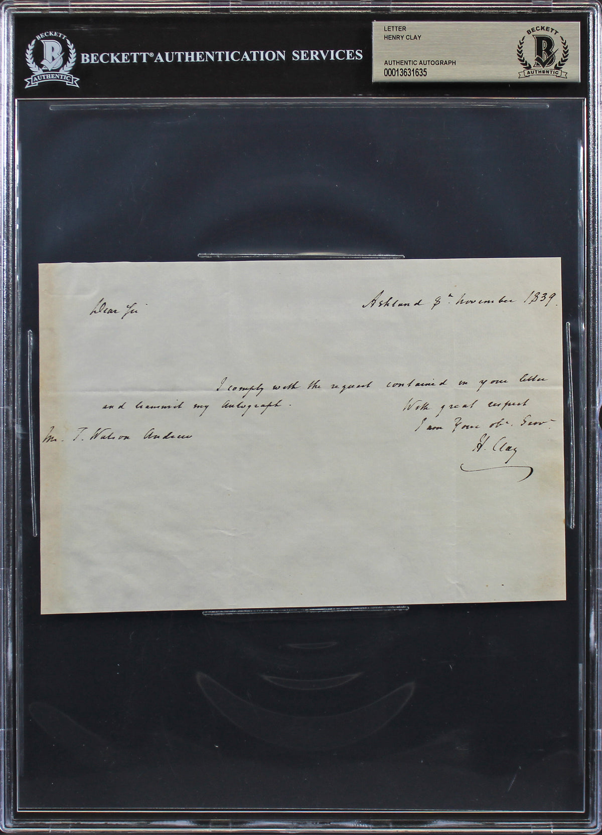 Henry Clay Authentic Signed 5x7.5 1839 Handwritten Letter BAS Slabbed
