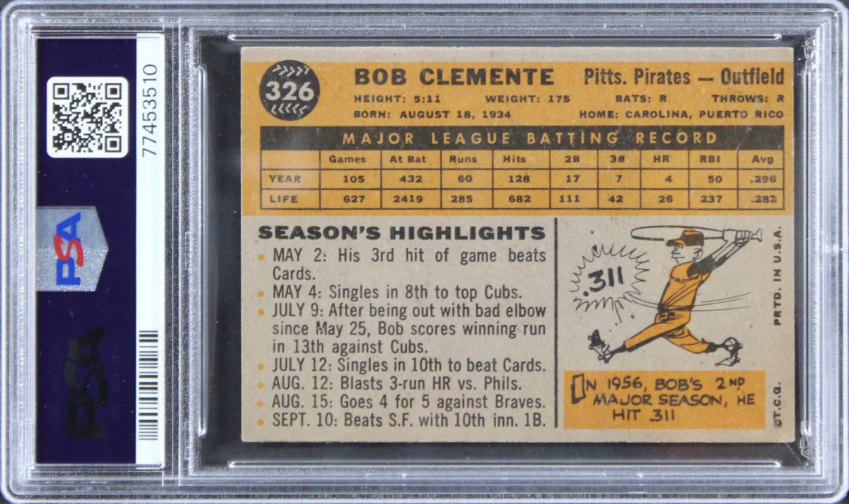 Pirates Roberto Clemente 1960 Topps #326 Card Graded VG-EX-4 PSA Slabbed