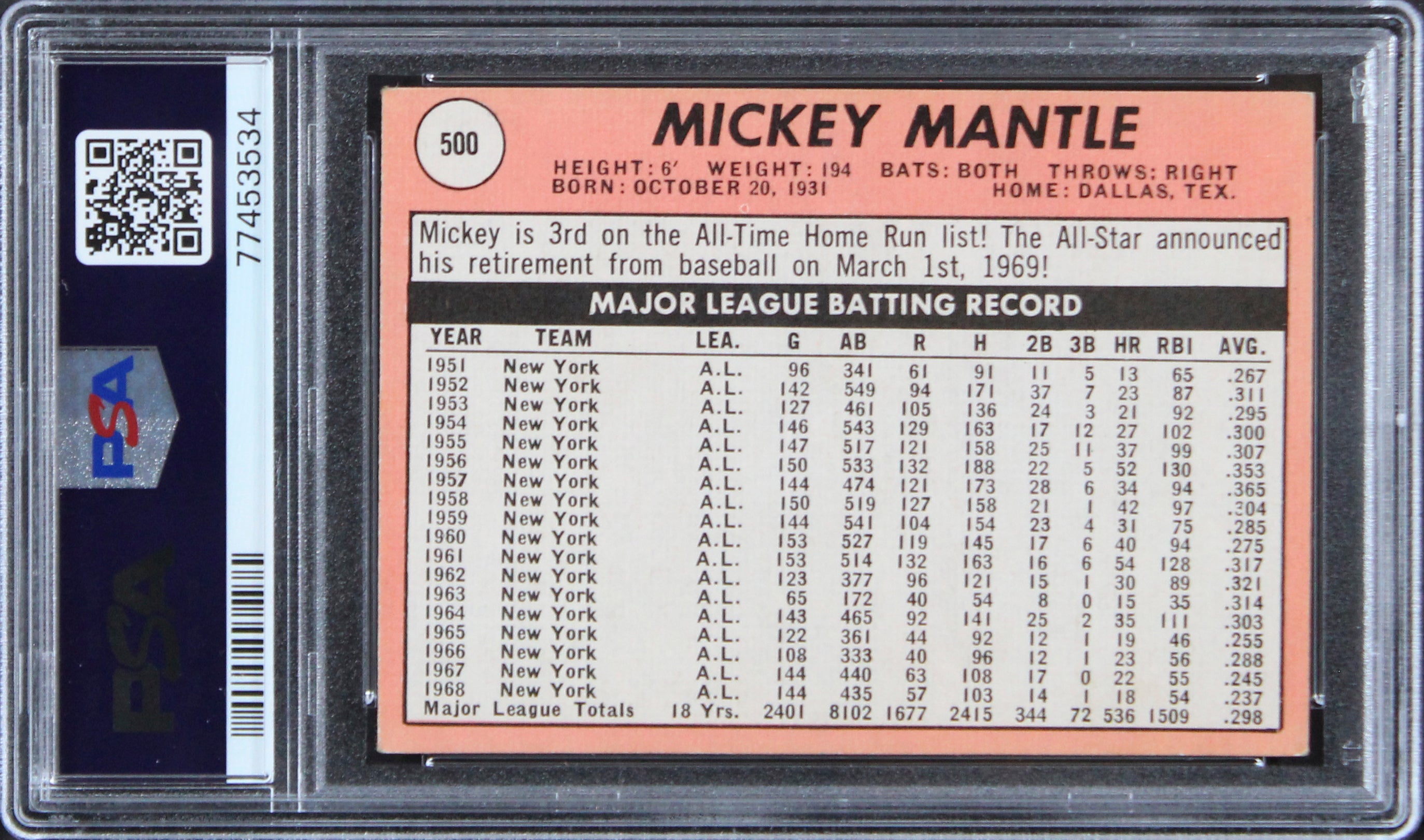 Yankees Mickey Mantle 1969 Topps #500 Card Graded VG-EX-4 PSA Slabbed