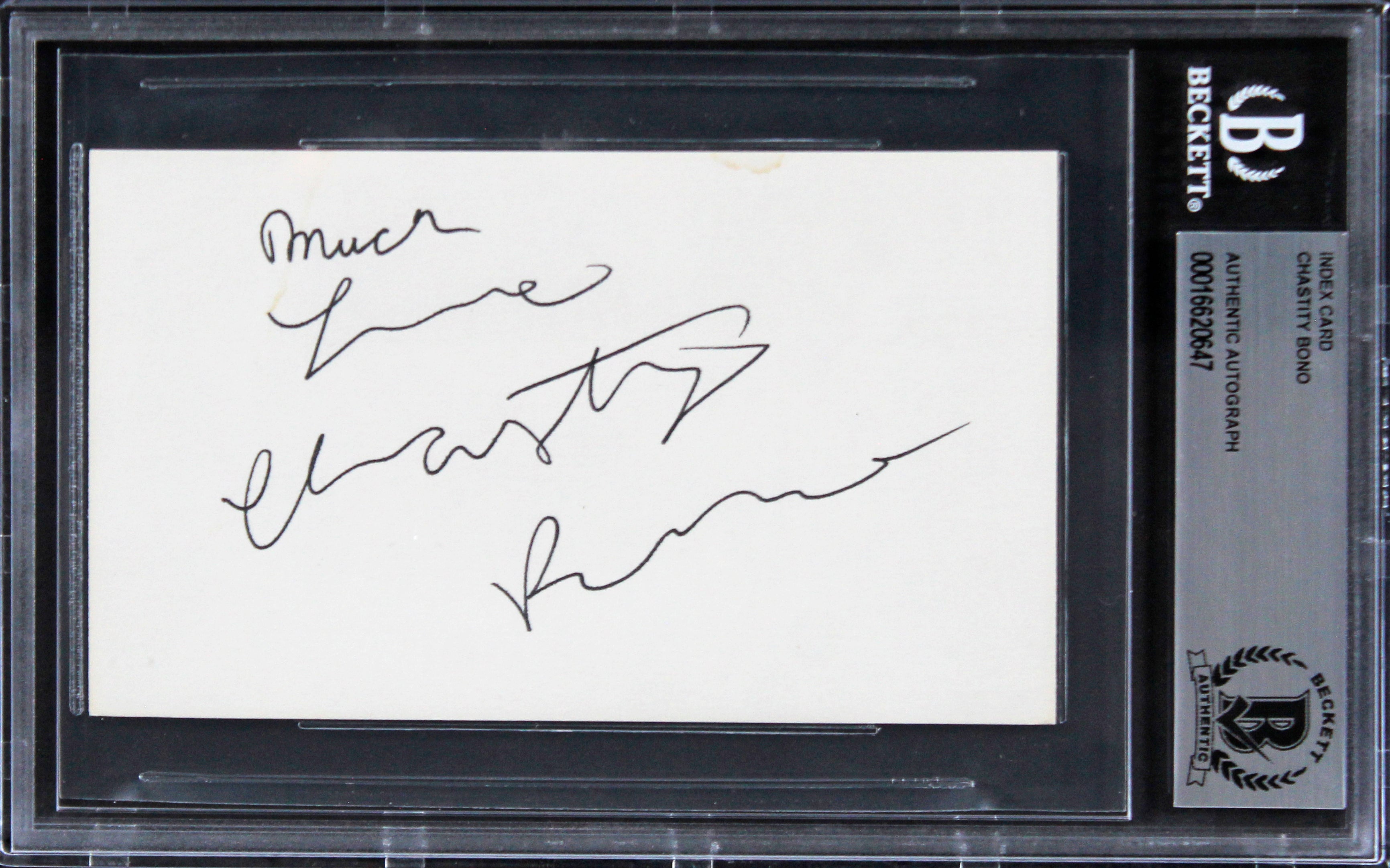 Chastity Bono Becoming Chaz "Much Love" Signed 3x5 Index Card BAS Slabbed
