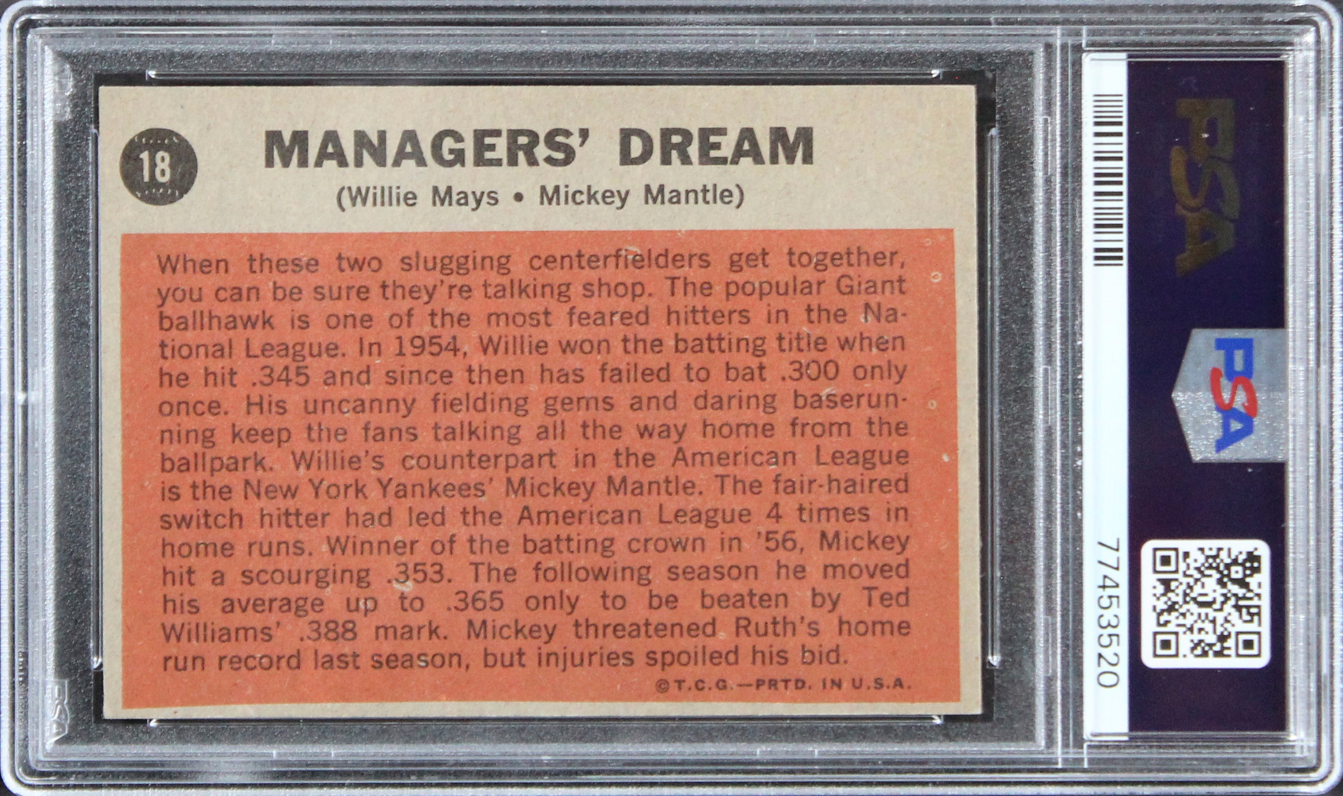 Mickey Mantle & Willie Mays 1962 Topps #18 MD Card Graded VG-3 PSA Slabbed
