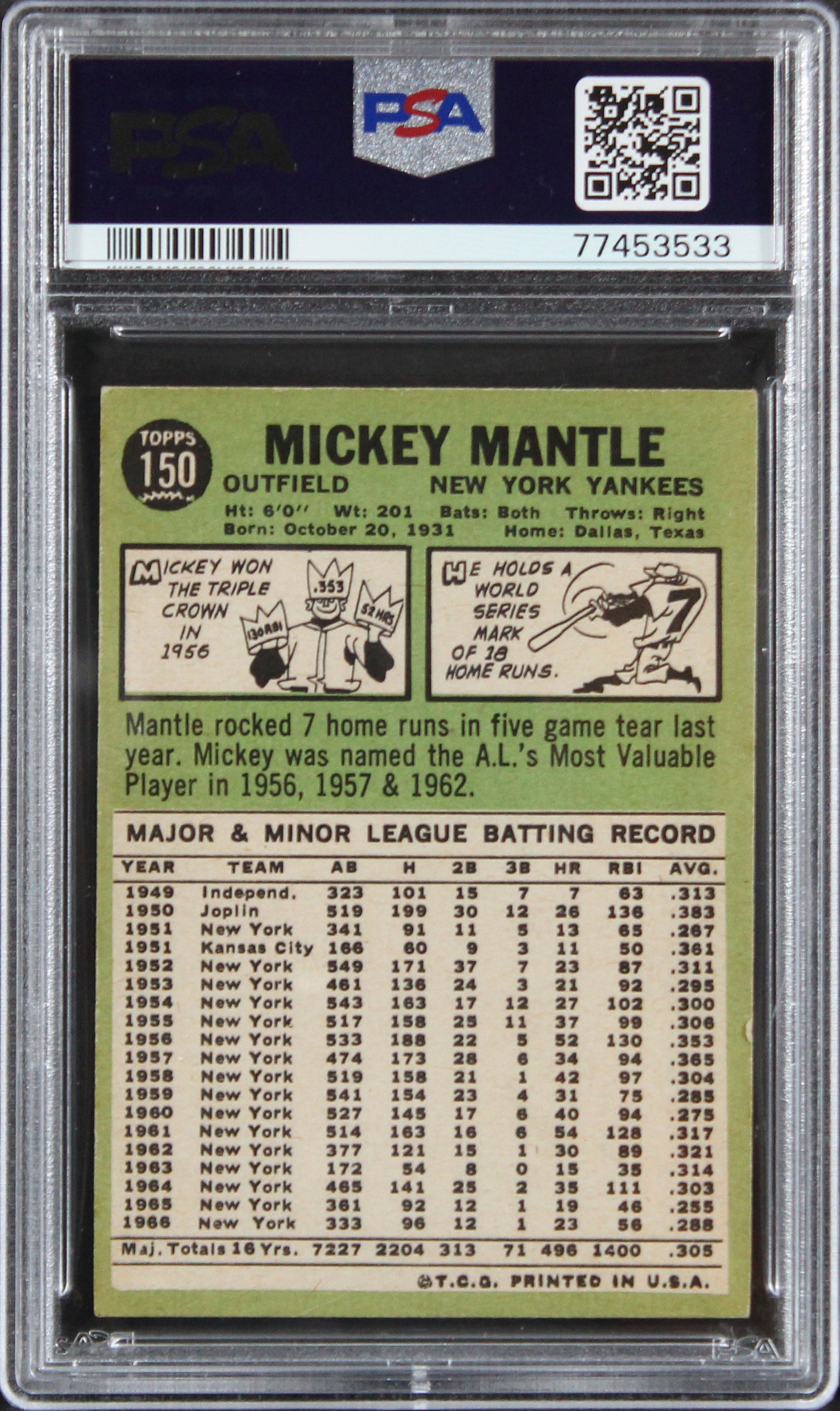 Yankees Mickey Mantle 1967 Topps #150 Card Graded VG-EX-4 PSA Slabbed