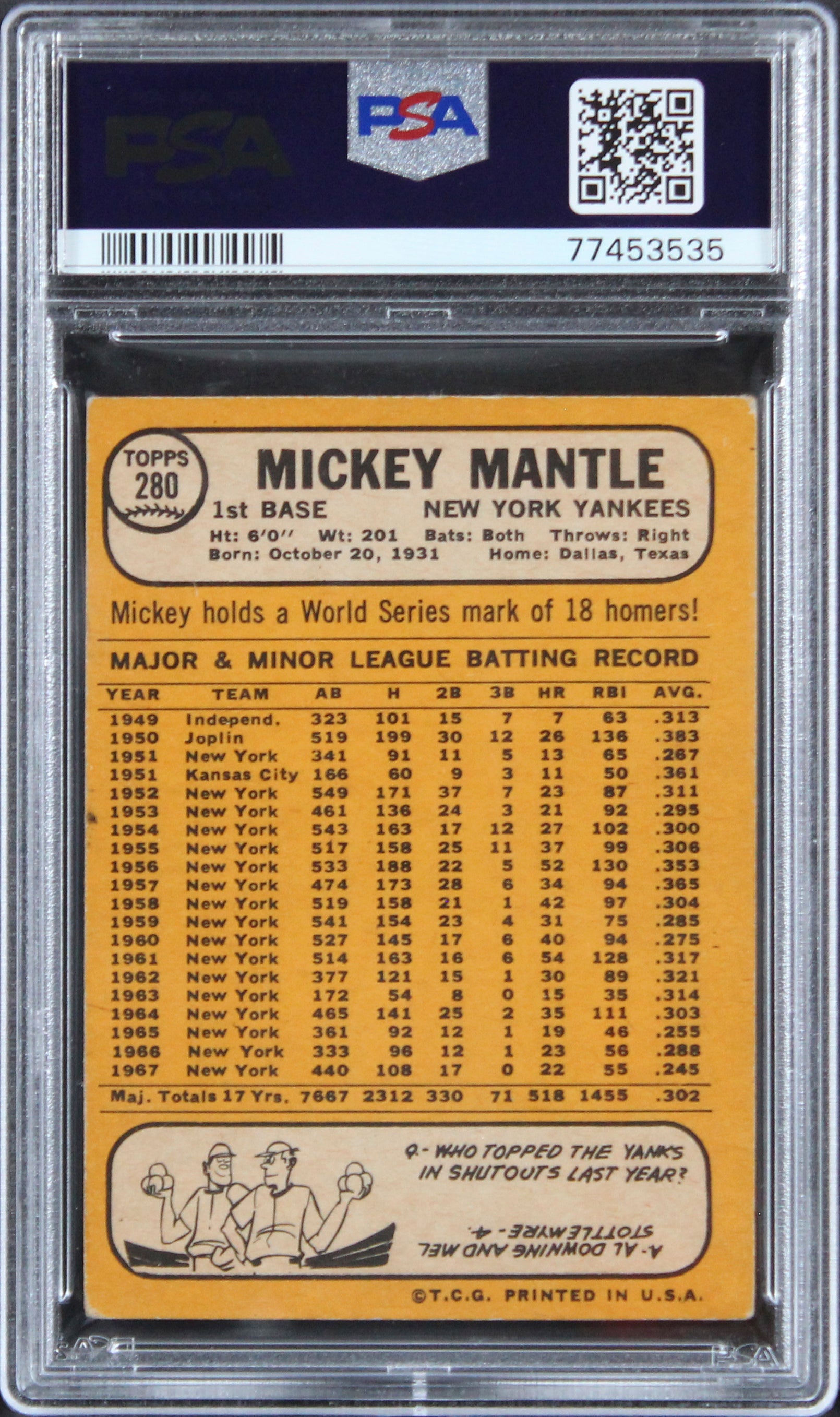 Yankees Mickey Mantle 1968 Topps #280 Card Graded VG-3 PSA Slabbed