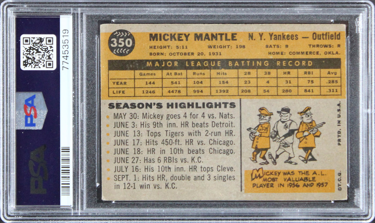 Yankees Mickey Mantle 1960 Topps #350 Card Graded VG-3 PSA Slabbed