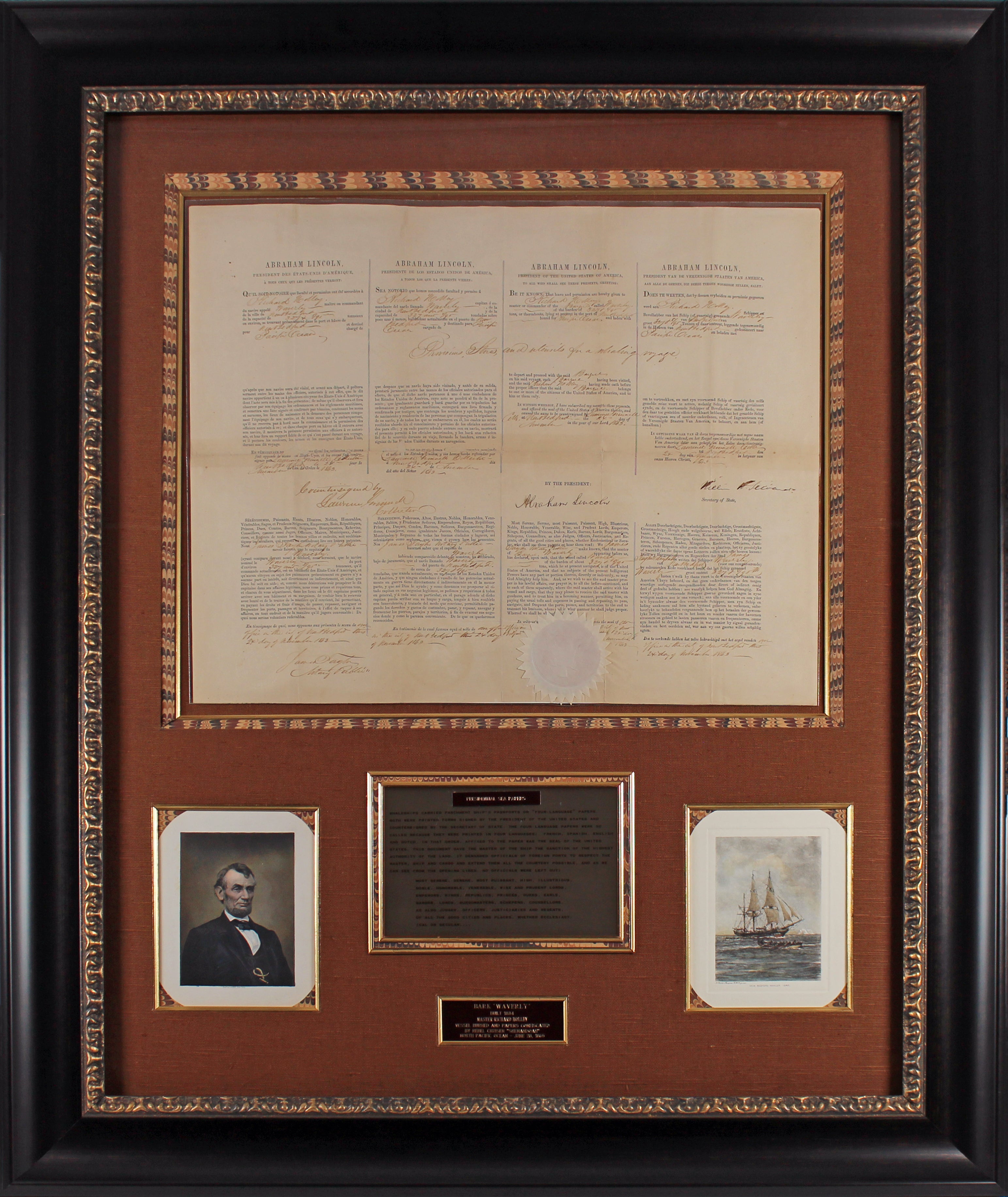 Abraham Lincoln Signed & Framed Four Language Ship's Passport Document BAS