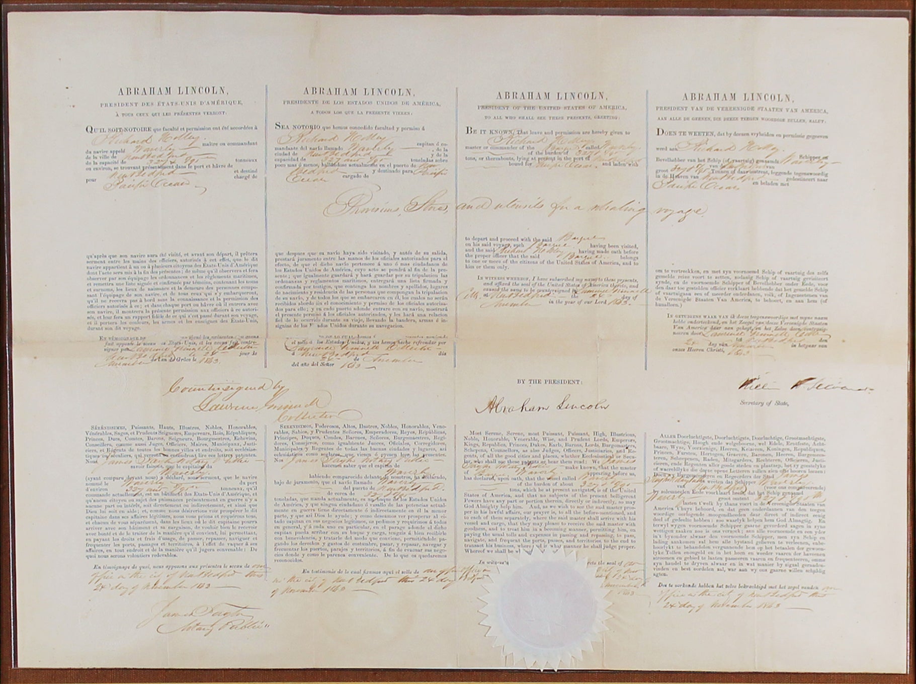 Abraham Lincoln Signed & Framed Four Language Ship's Passport Document BAS