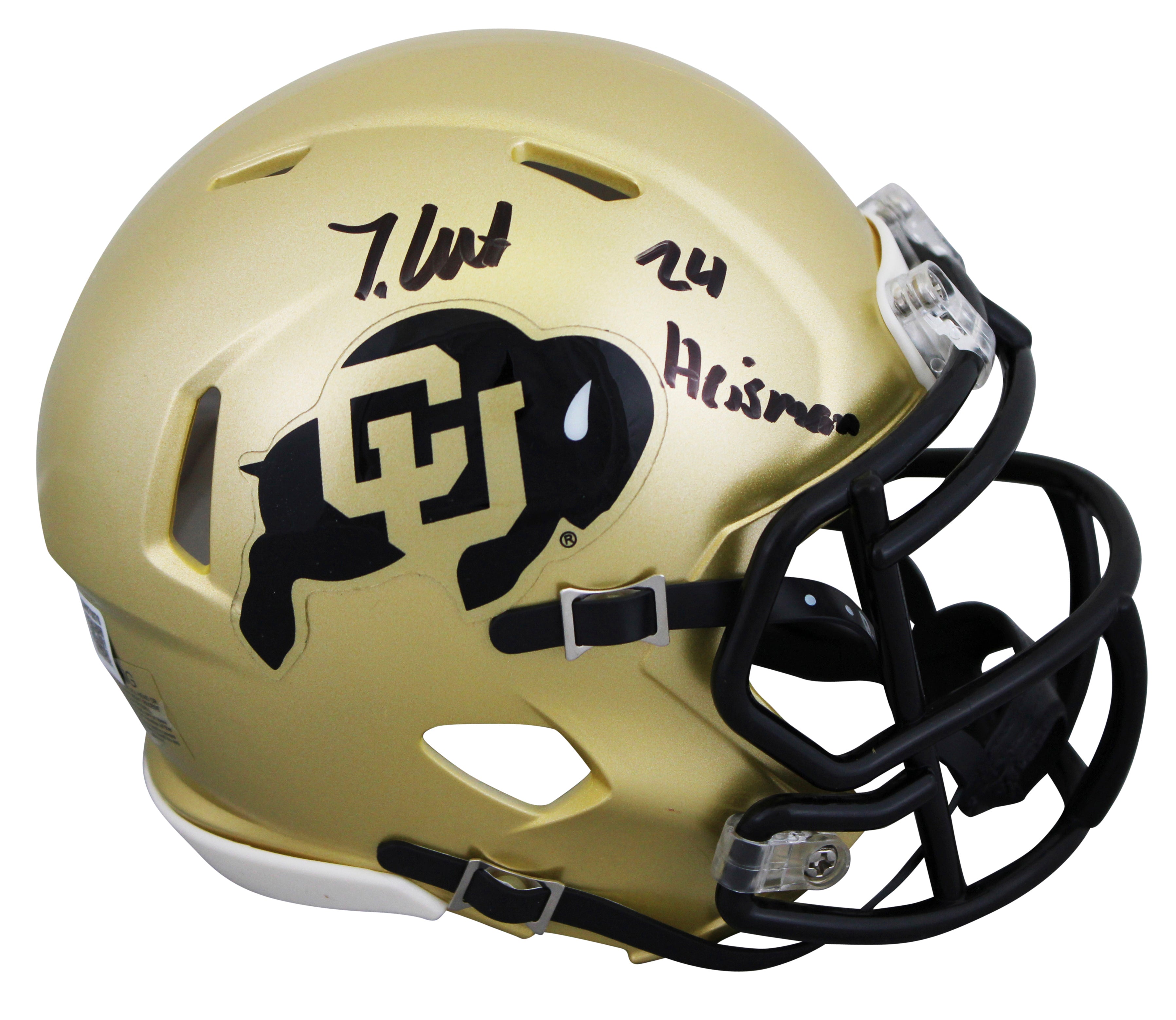 Colorado Travis Hunter "24 Heisman" Signed Speed Mini Helmet BAS Witnessed