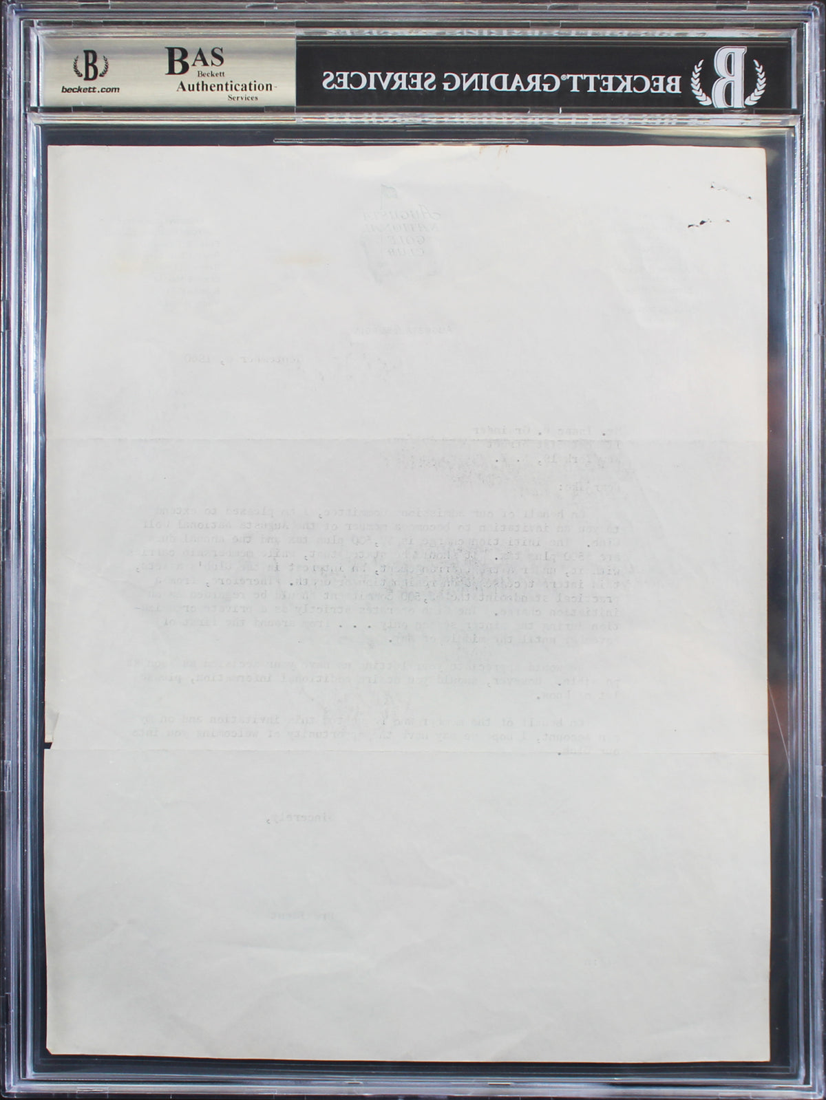 Robert T Jones Signed 8.5x11 1960 Letter on Augusta National Letterhead BAS Slab