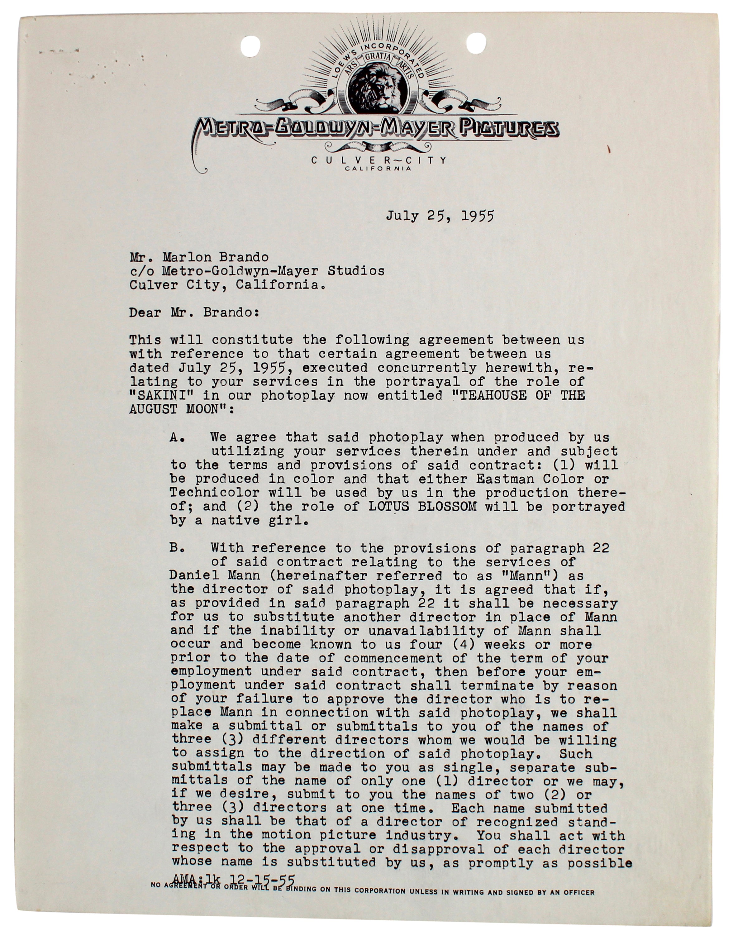 Marlon Brando Authentic Signed 2 Page MGM Contract Dated July 25, 1955 BAS & PSA