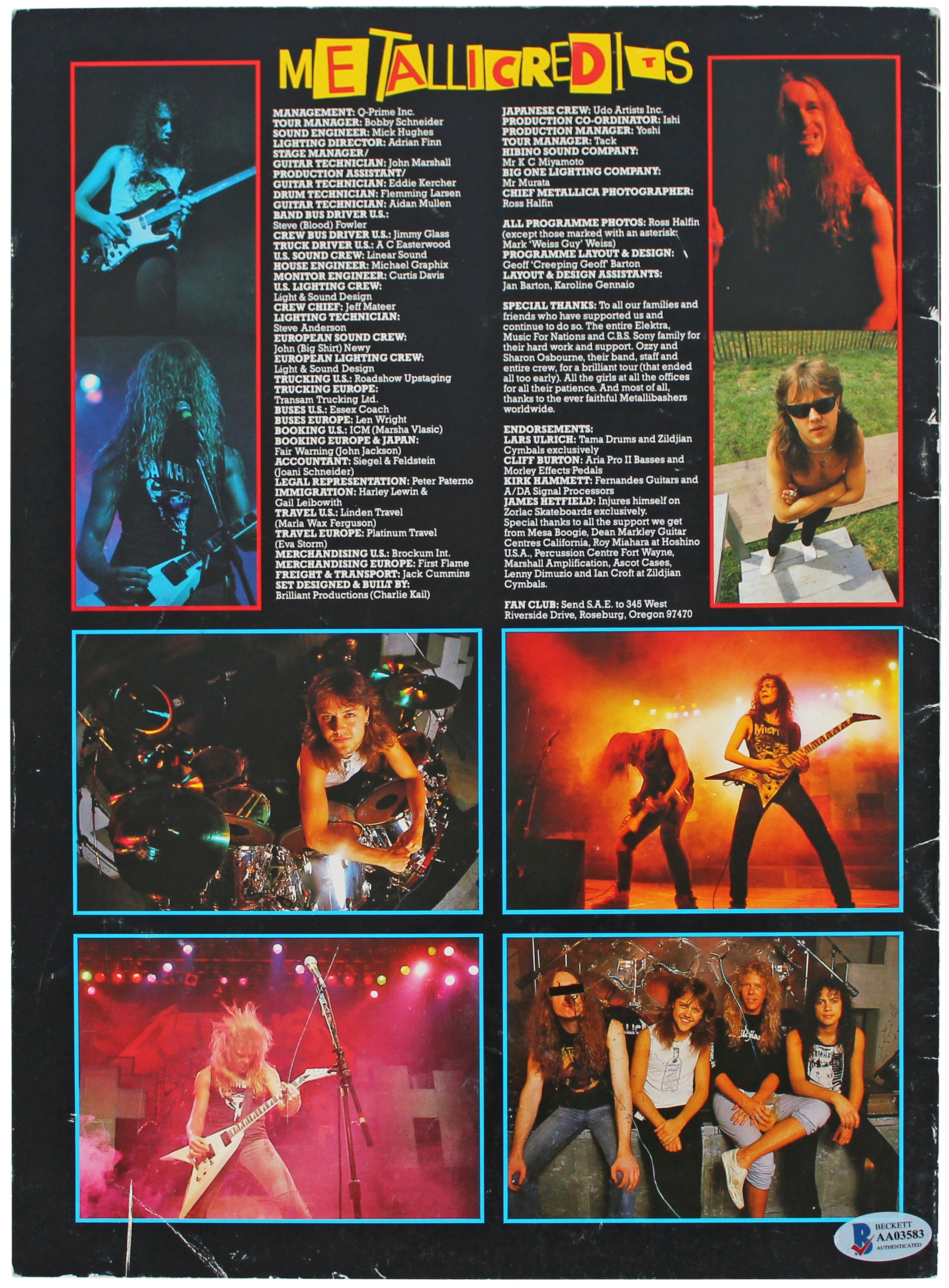 Metallica (4) Hetfield, Burton, Hammett & Ulrich Signed 1986 Tour Program BAS