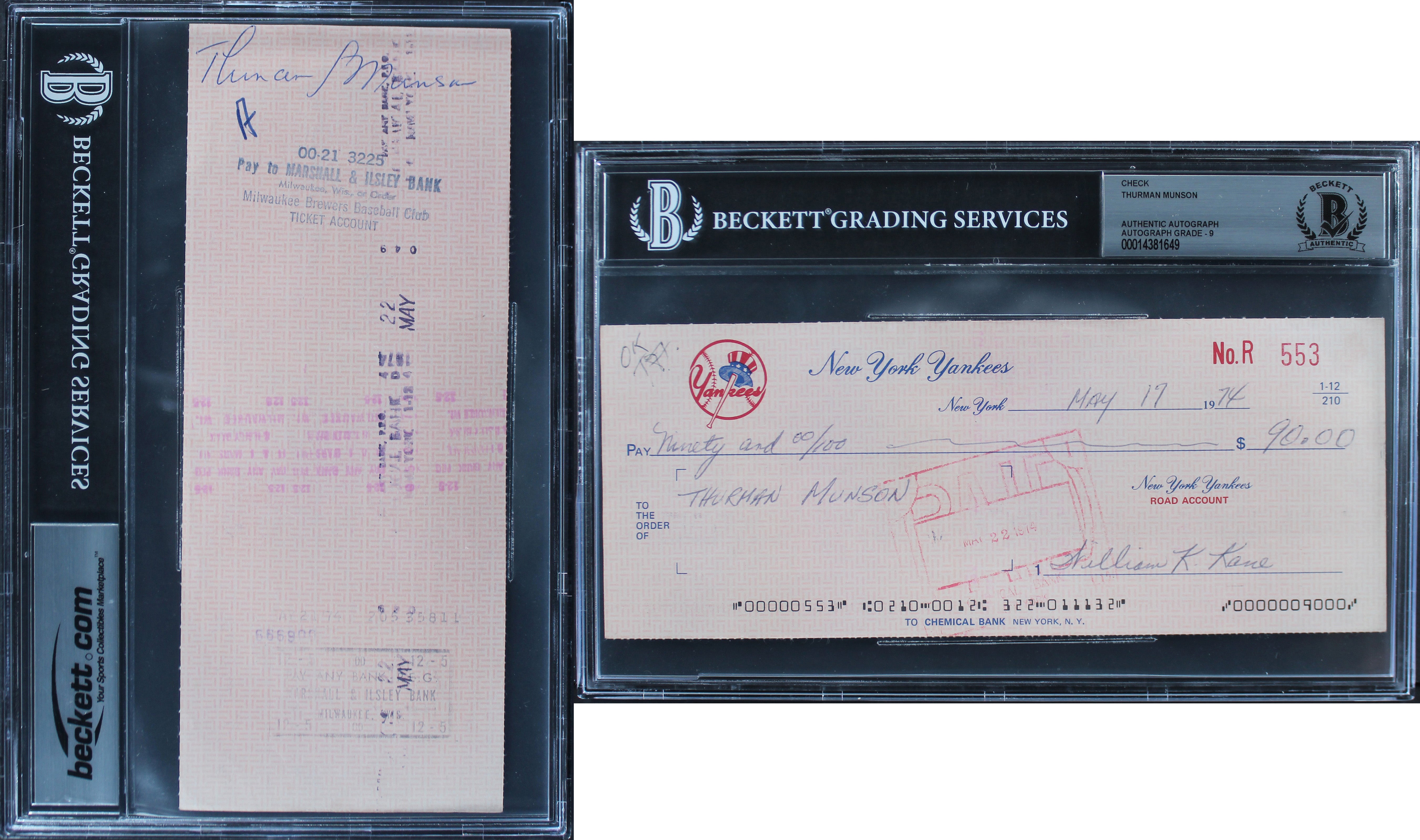 Yankees Thurman Munson Authentic Signed 3.5x8.5 1974 NNY Check Auto 9! BAS Slab