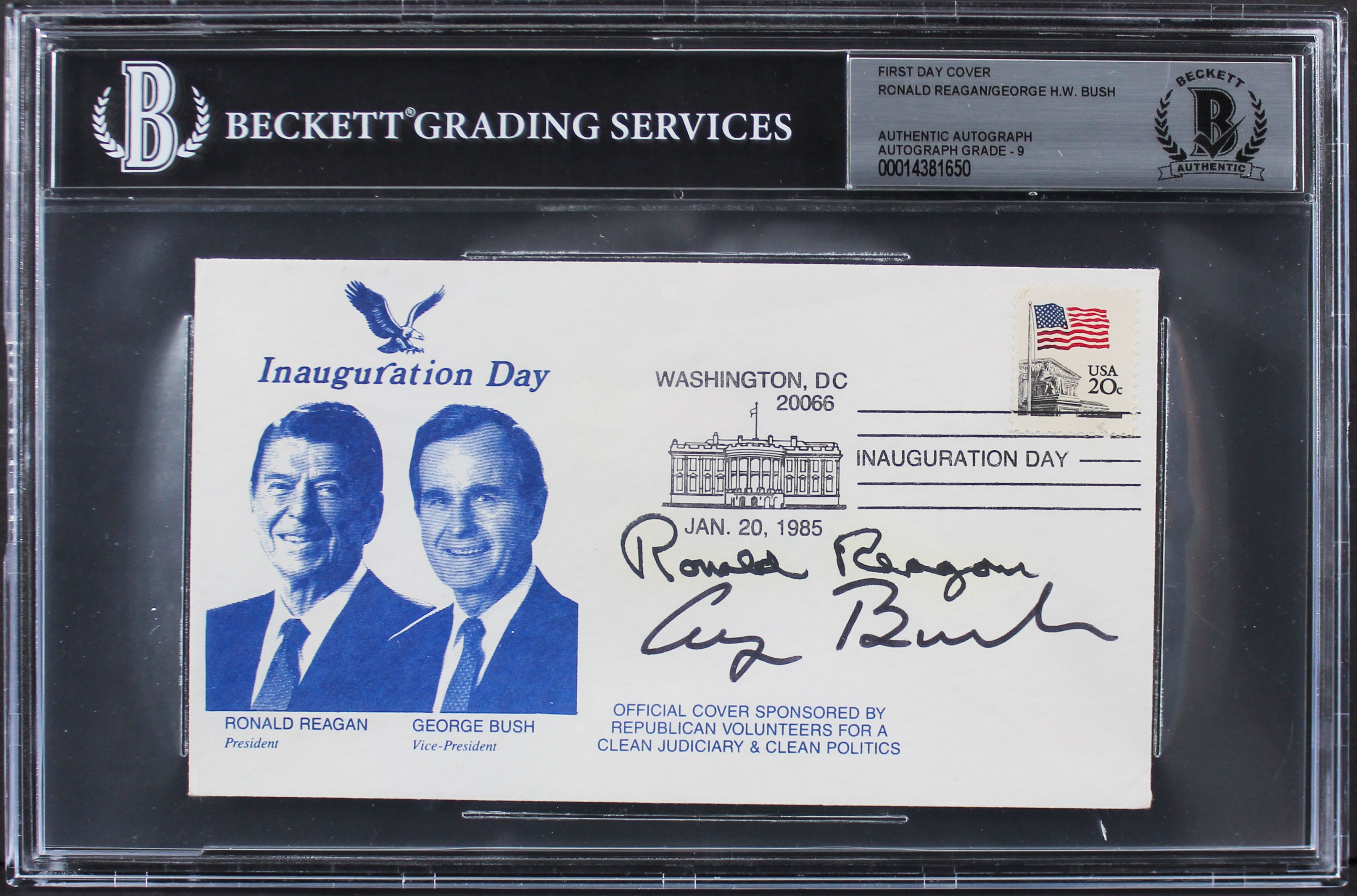 Ronald Reagan & George H.W. Bush Signed 1985 Inauguration FDC Auto 9 BAS Slabbed