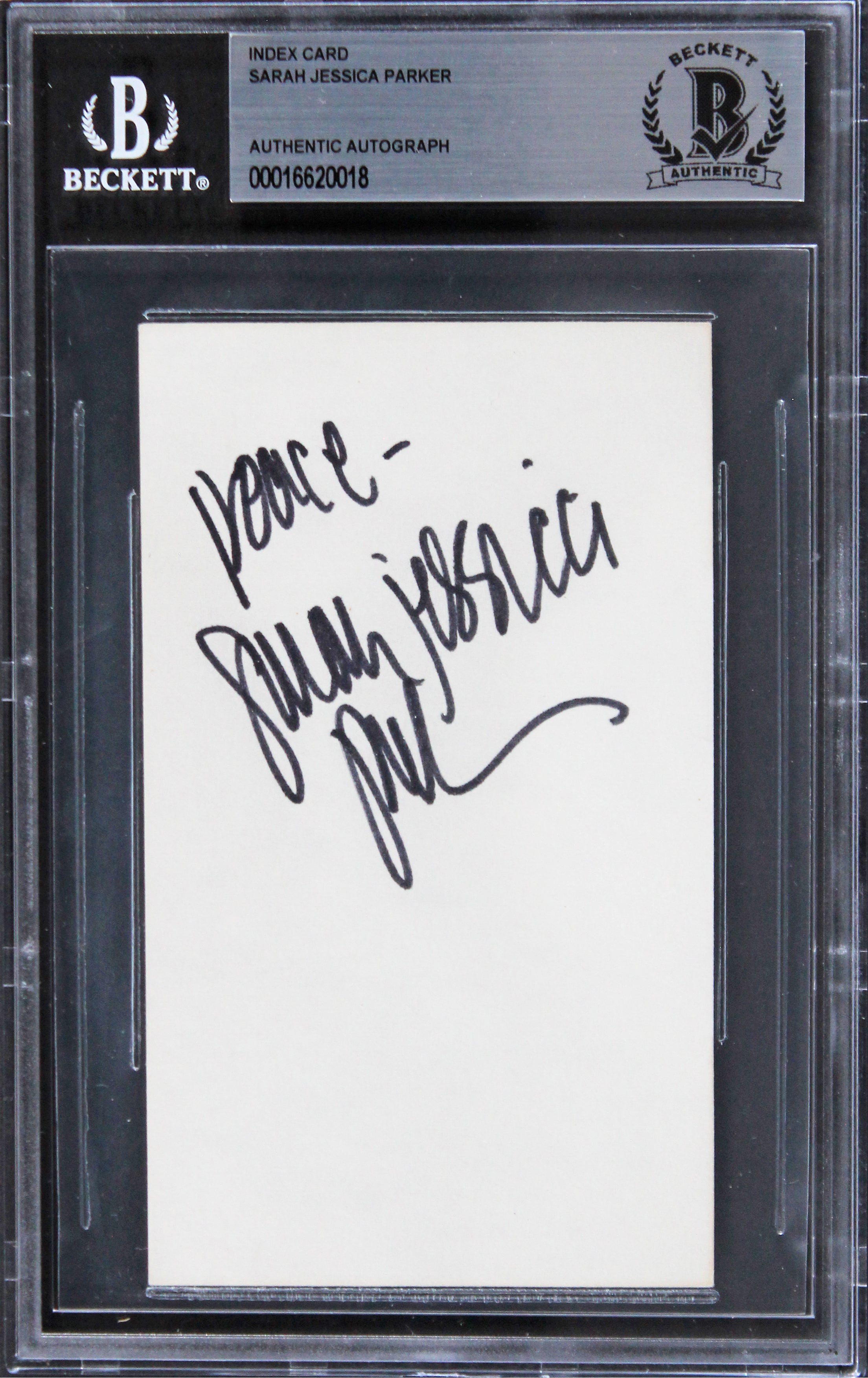 Sarah Jessica Parker Sex And The City "Peace" Signed 3x5 Index Card BAS Slabbed