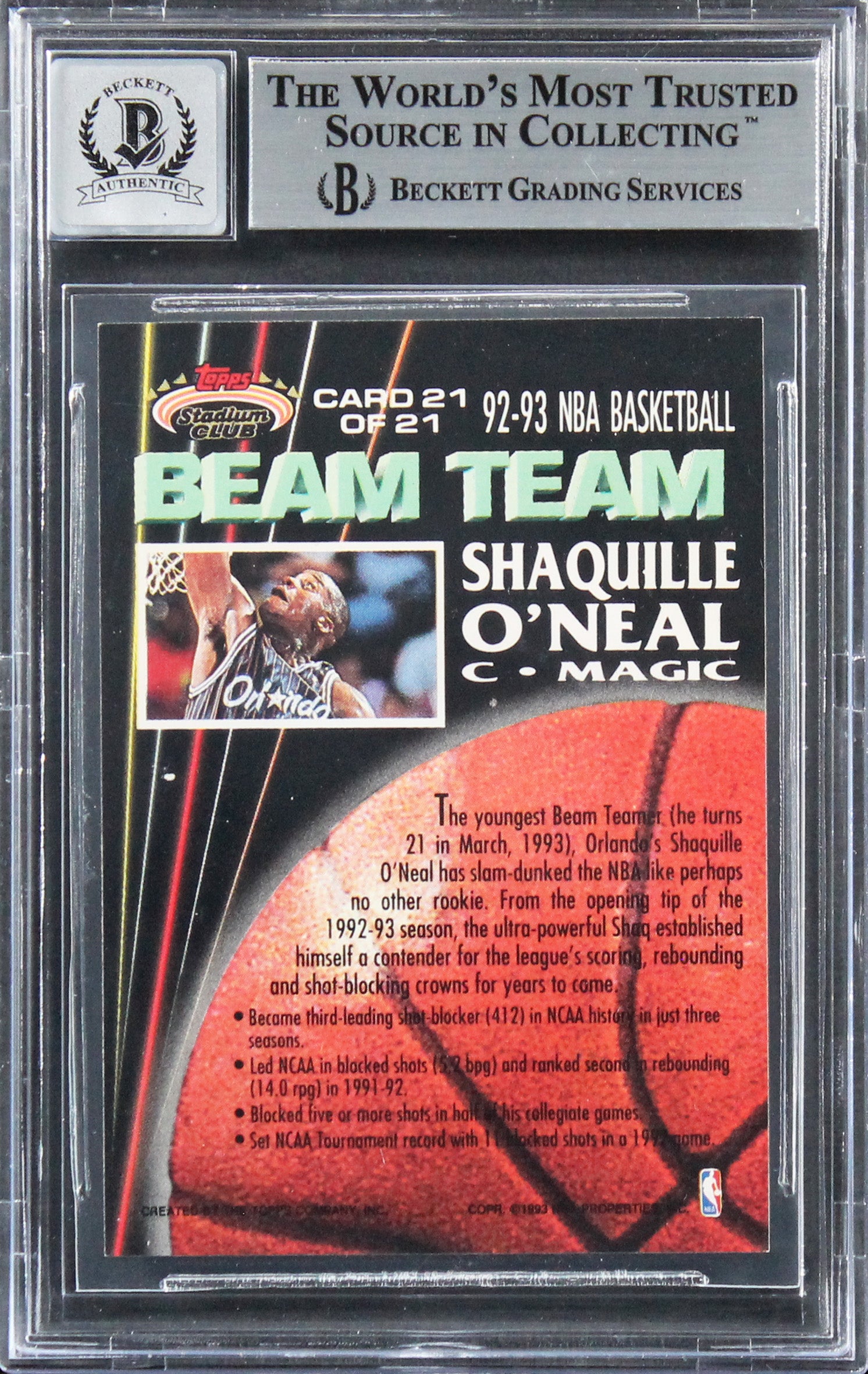 Shaquille O'Neal Signed 1992 Stadium Club Beam Team RC Auto Grade 10 BAS Slab  3