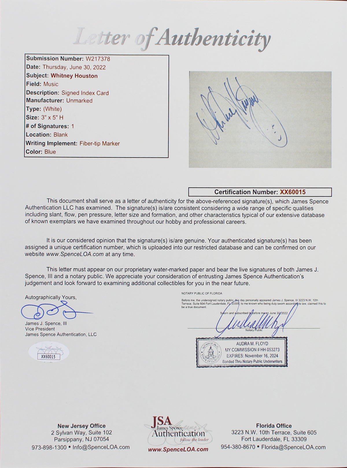 Whitney Houston Authentic Signed 3x5 Index Card 
Autographed JSA #XX60015