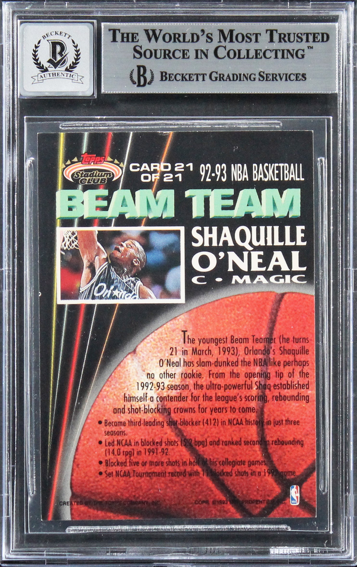 Shaquille O'Neal Signed 1992 Stadium Club Beam Team RC Auto Grade 10 BAS Slab  5