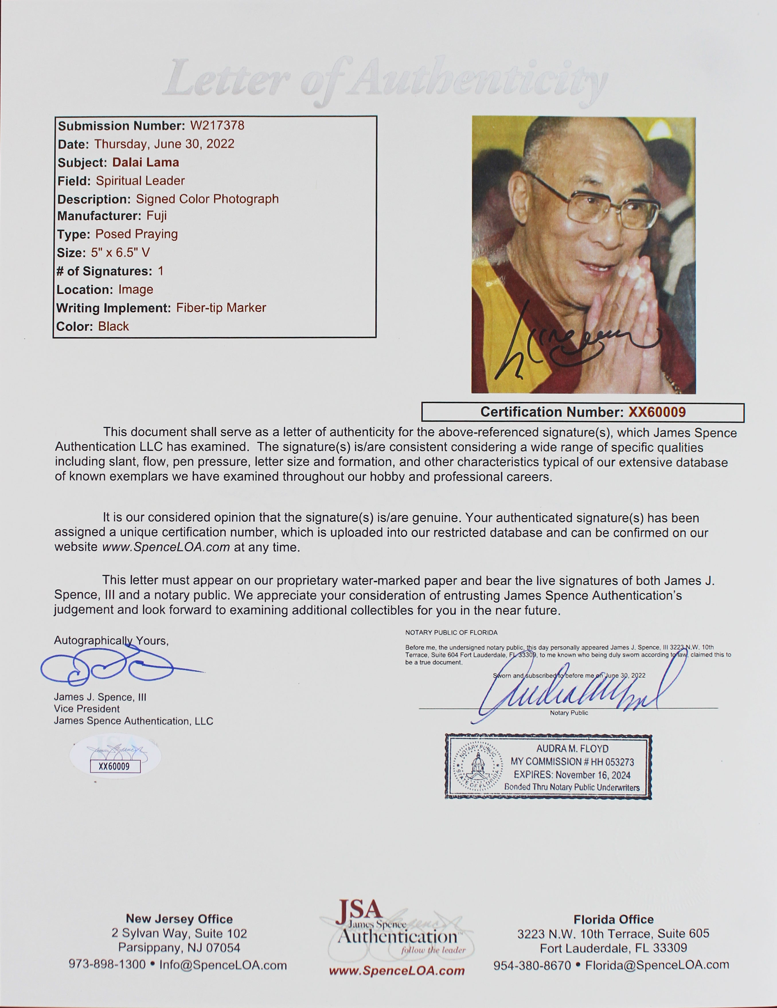 Dalai Lama Authentic Signed 6x6.5 Color Photo JSA #XX60009